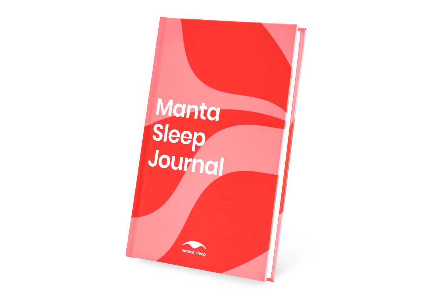 Studio shot of the closed Manta Sleep Journal featuring a red and pink wavy pattern cover, isolated on a white background.