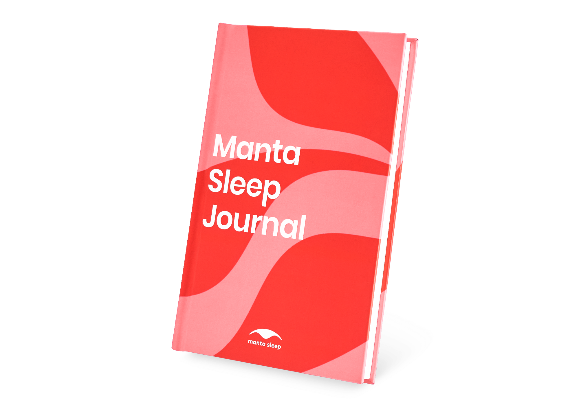 Studio shot of the closed Manta Sleep Journal featuring a red and pink wavy pattern cover, isolated on a white background.