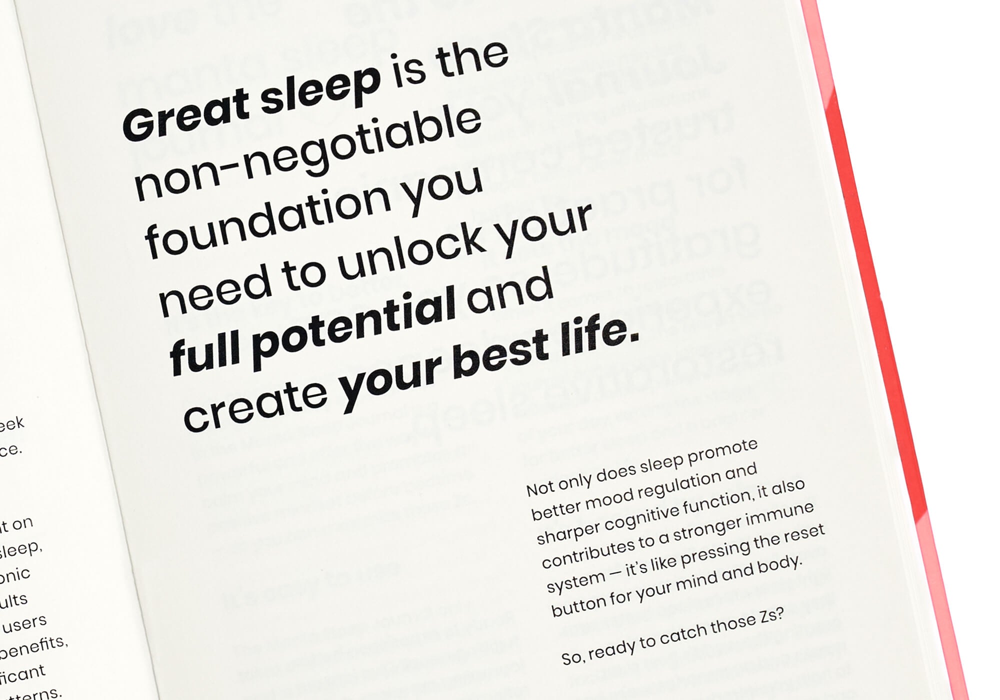 Close-up of an open journal page featuring bold black text starting with "Great sleep is the non-negotiable foundation...".