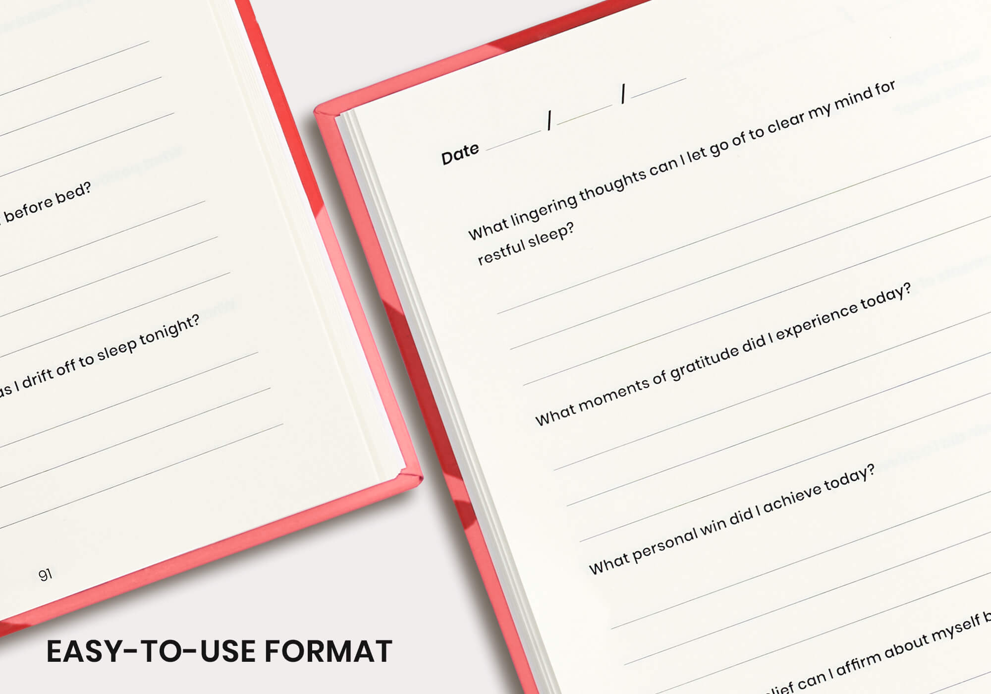 Close-up shot of the inner pages of a red journal with structured prompt lines. Text overlay reads "Easy-to-use format".