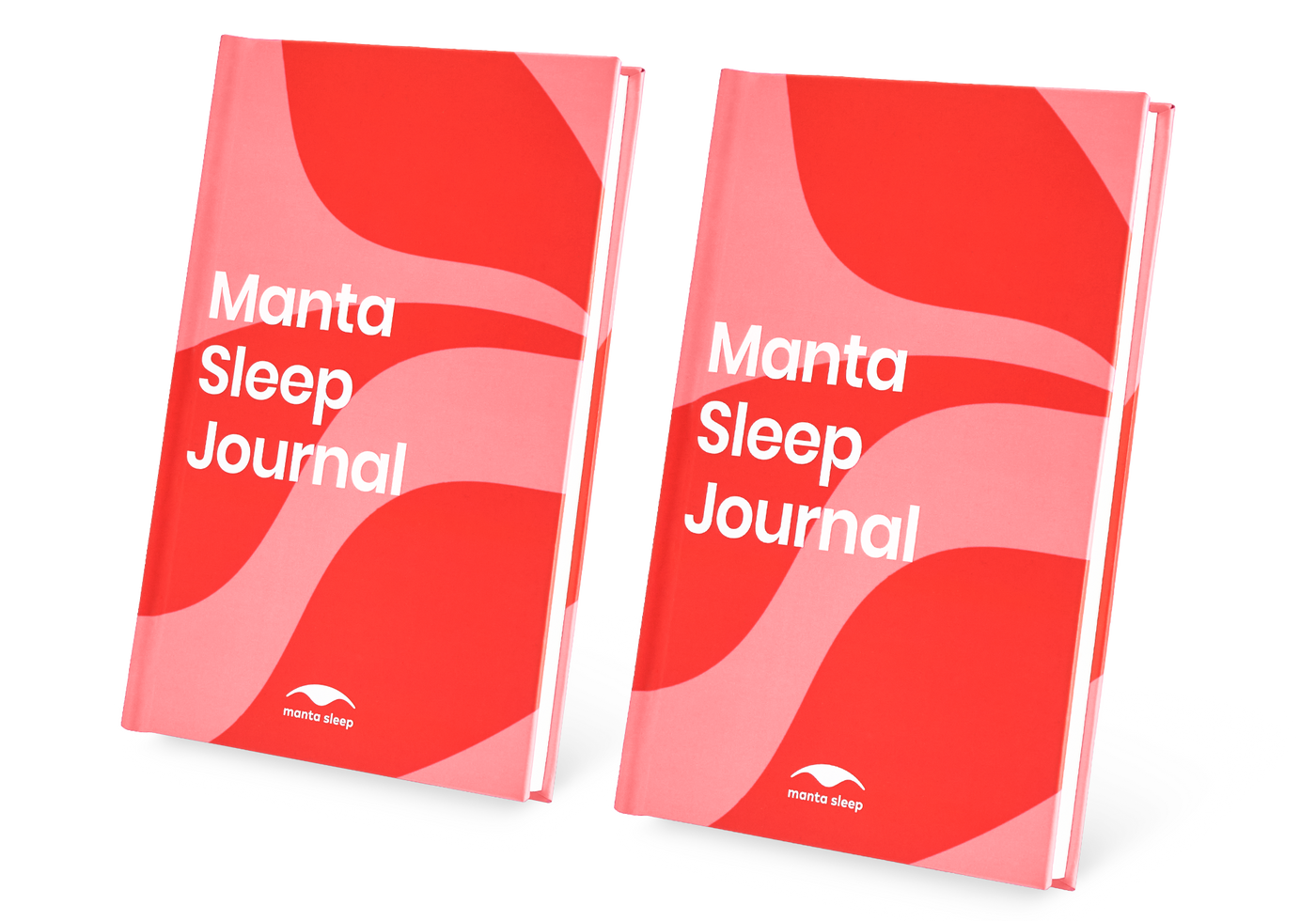 Two Manta Sleep Journals with red and pink wavy covers standing side-by-side, isolated on a white background.