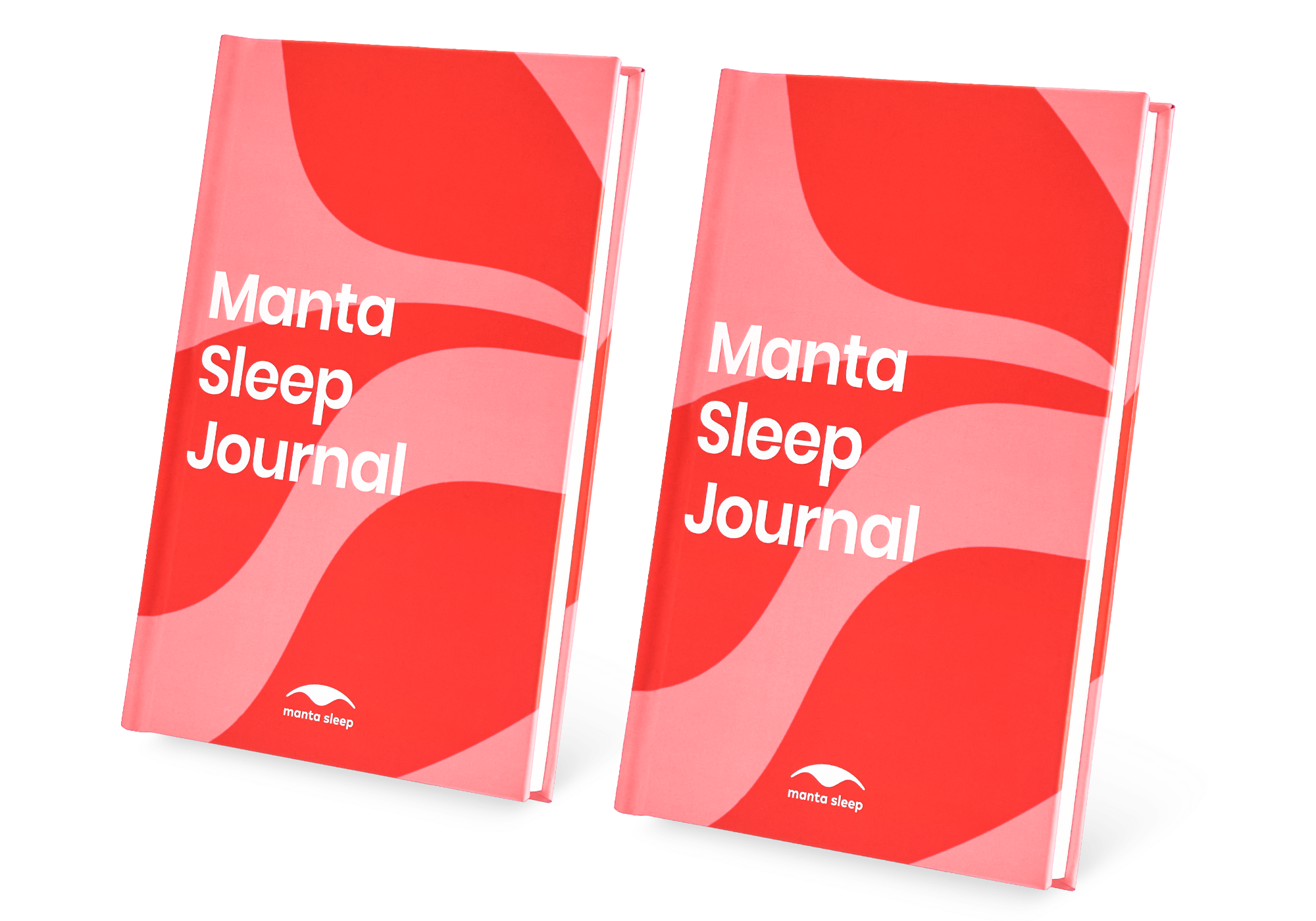 Two Manta Sleep Journals with red and pink wavy covers standing side-by-side, isolated on a white background.