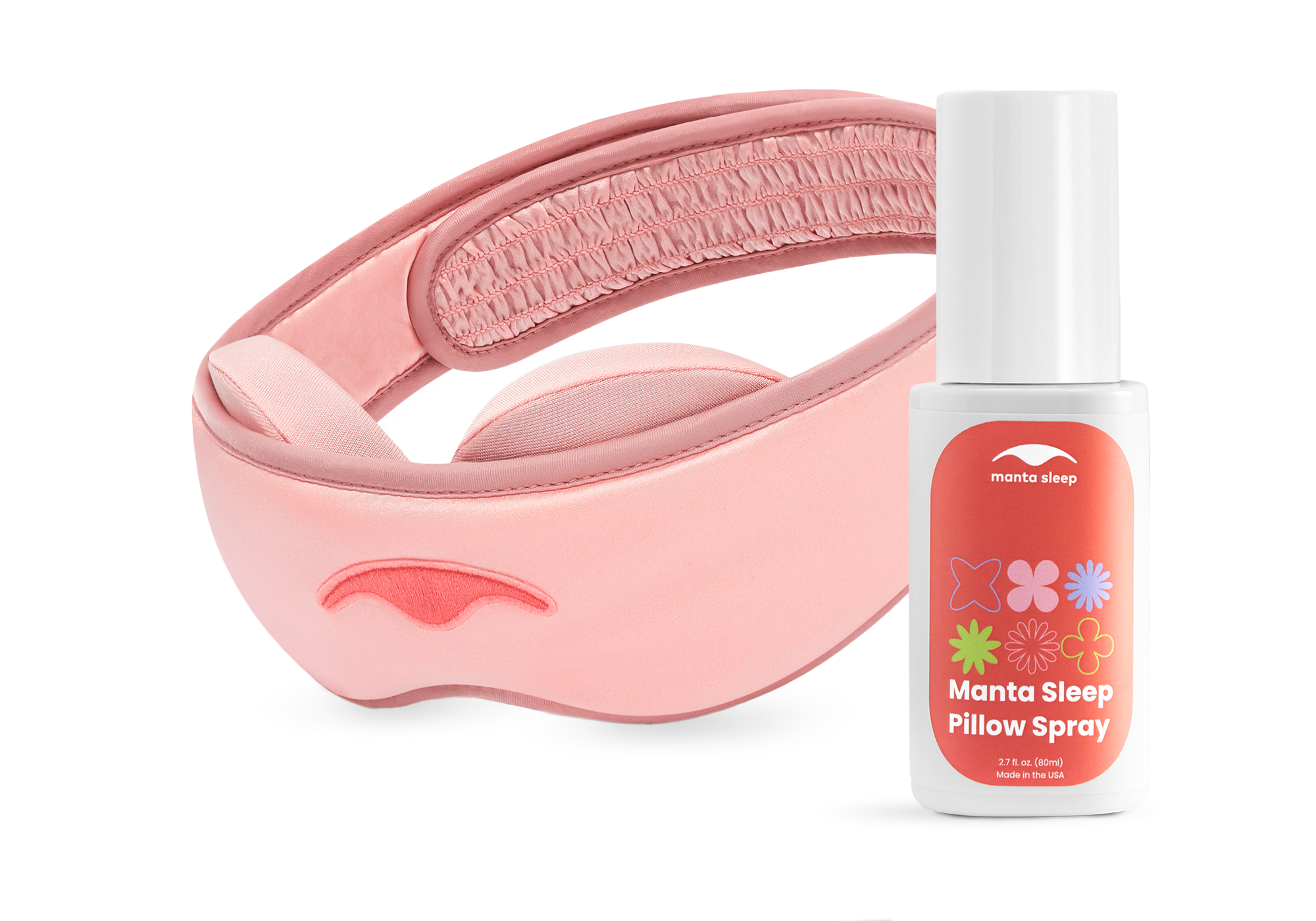Sunset Pink Manta SILK Sleep Mask and white bottle of Manta Pillow Spray.