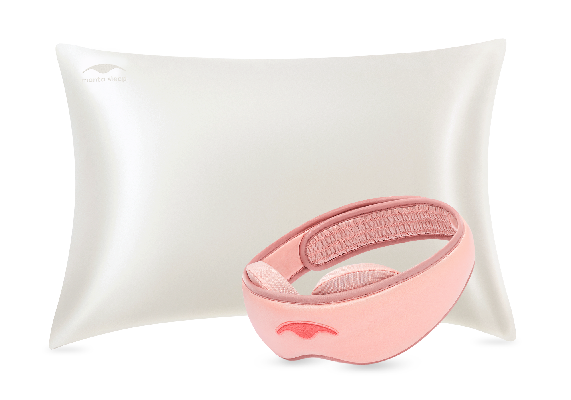 Sunset Pink Manta SILK Sleep Mask in front of a pearl white Manta Silk Pillowcase.