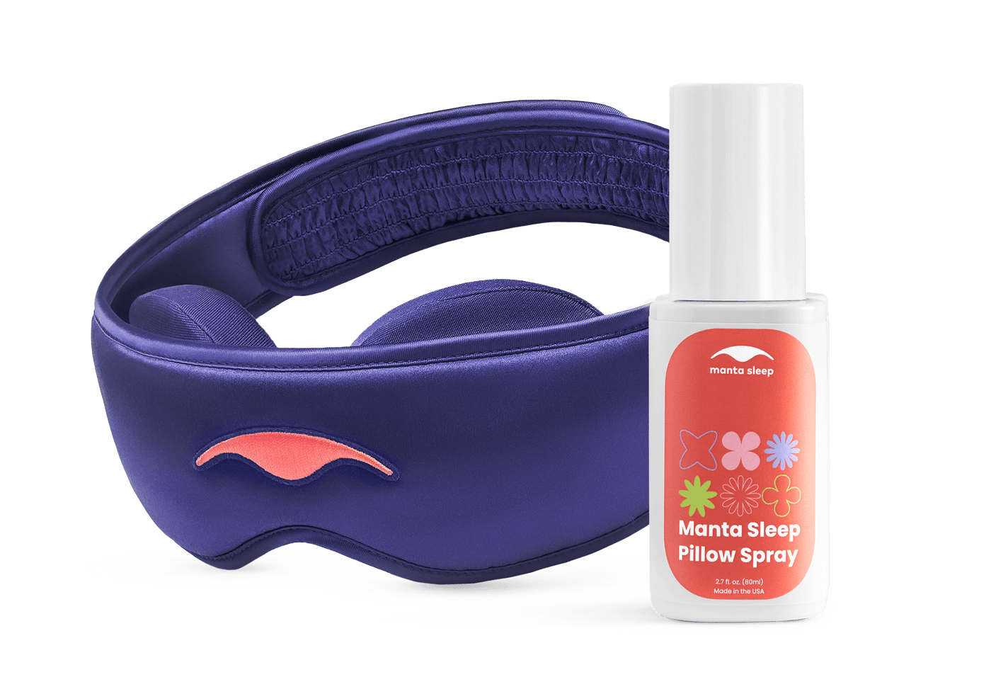 Purple Manta SILK Sleep Mask and white bottle of Manta Pillow Spray.