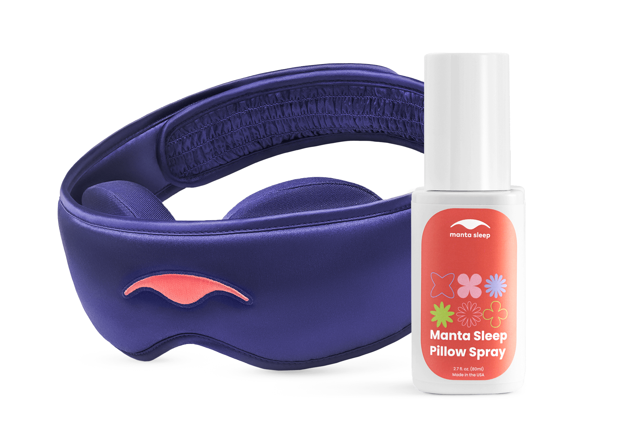 Purple Manta SILK Sleep Mask and white bottle of Manta Pillow Spray.