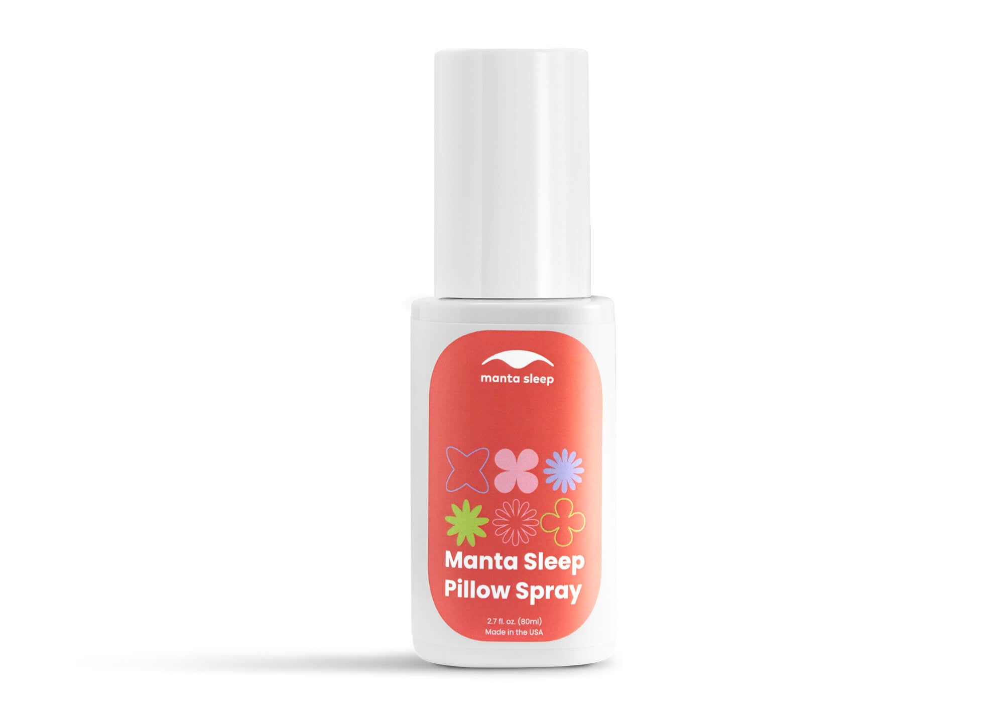 A single white bottle of Manta Sleep Pillow Spray with a red and colorful floral label, isolated on a white background.
