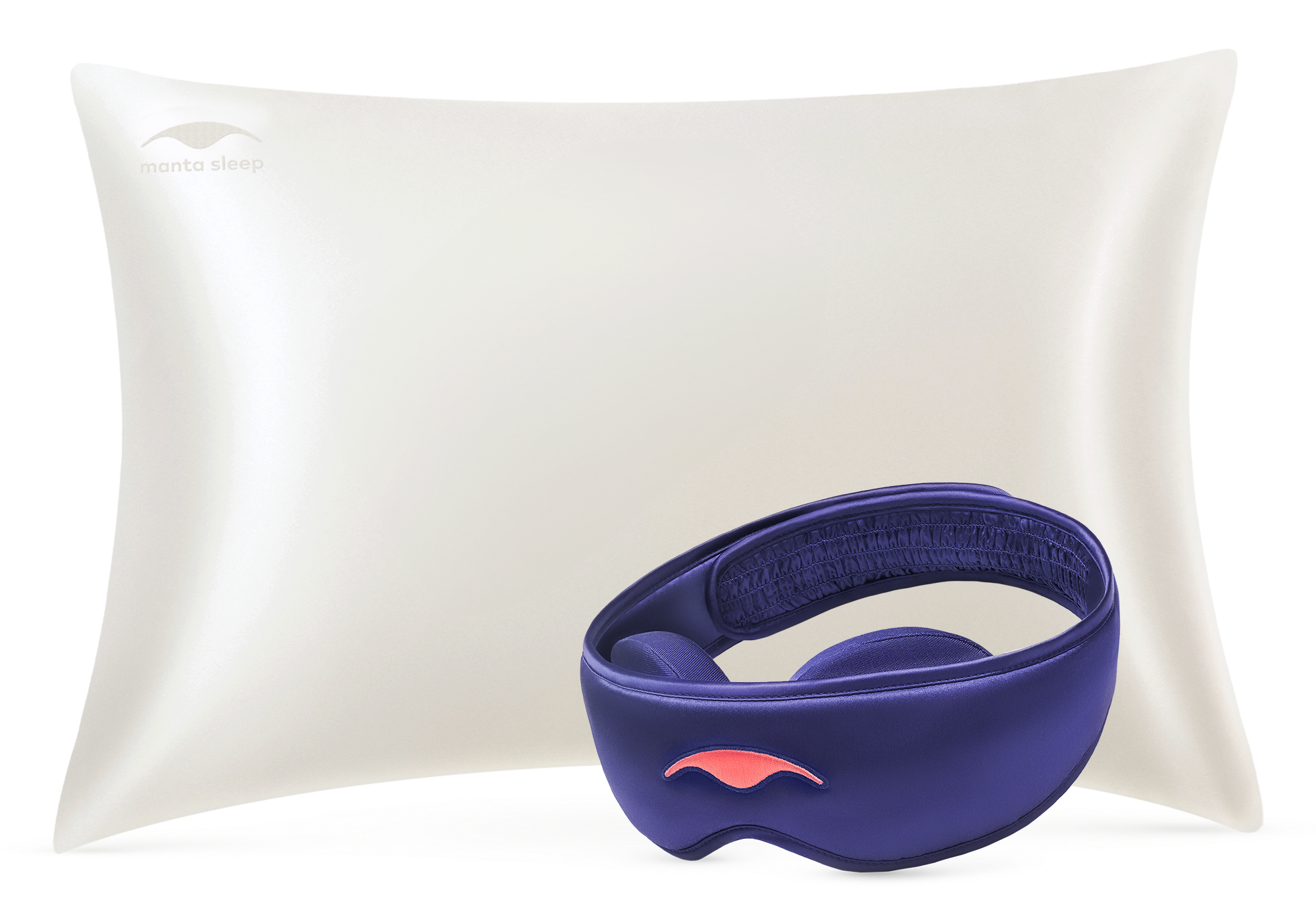 Purple Manta SILK Sleep Mask in front of a pearl white Manta Silk Pillowcase.