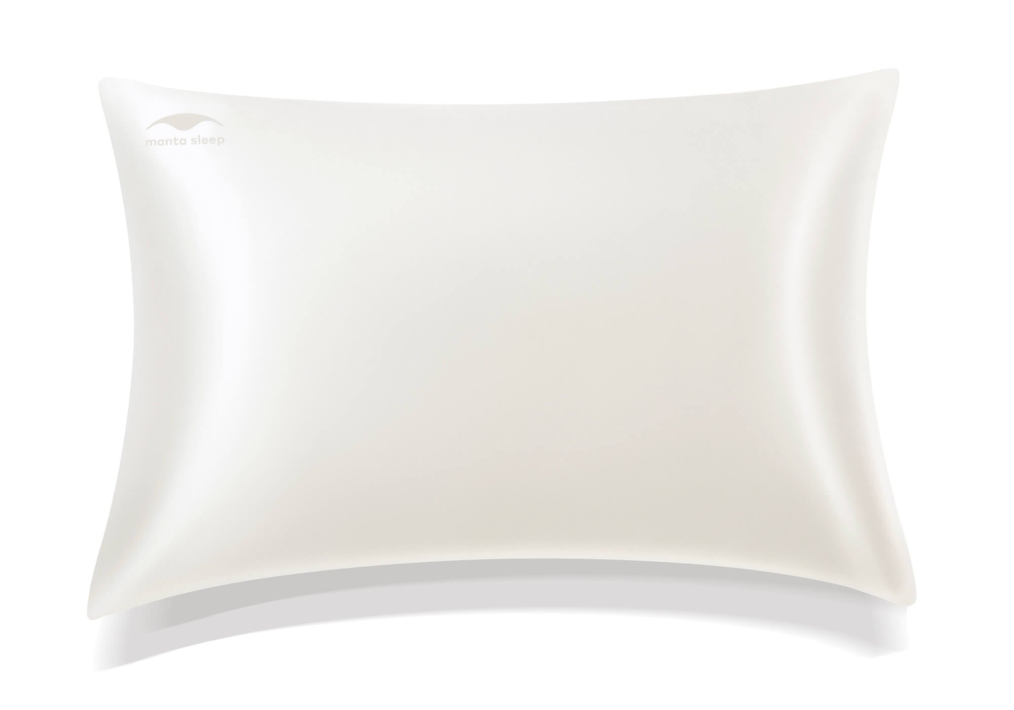 Studio shot of a single standard pearl white Manta Sleep silk pillowcase with a subtle Manta Sleep logo on the top left corner, isolated on white.