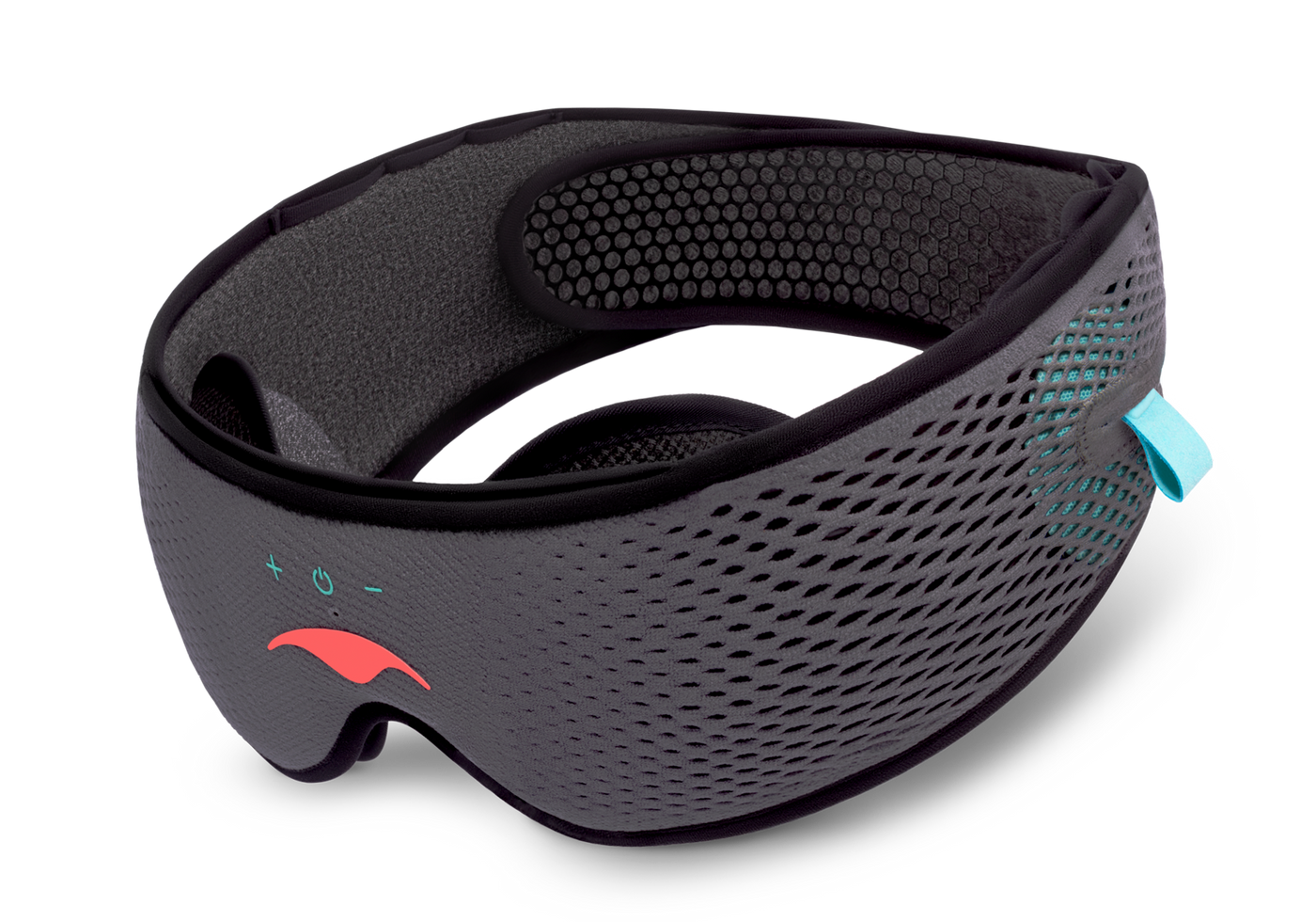 An angled view of the grey Manta SOUND Sleep Mask with built-in headphones, featuring a mesh texture, a coral logo, and electronic control icons on white.