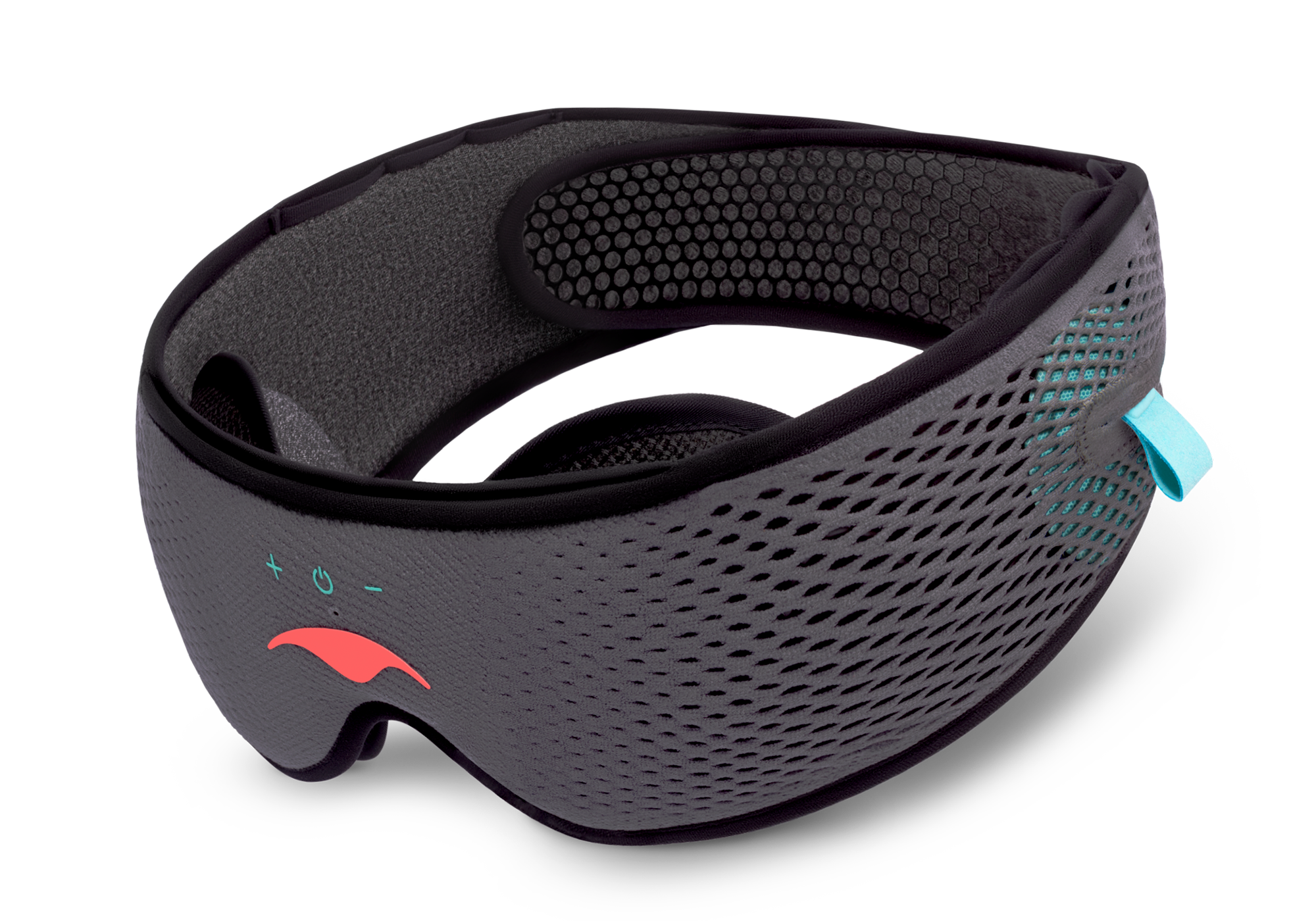 An angled view of the grey Manta SOUND Sleep Mask with built-in headphones, featuring a mesh texture, a coral logo, and electronic control icons on white.