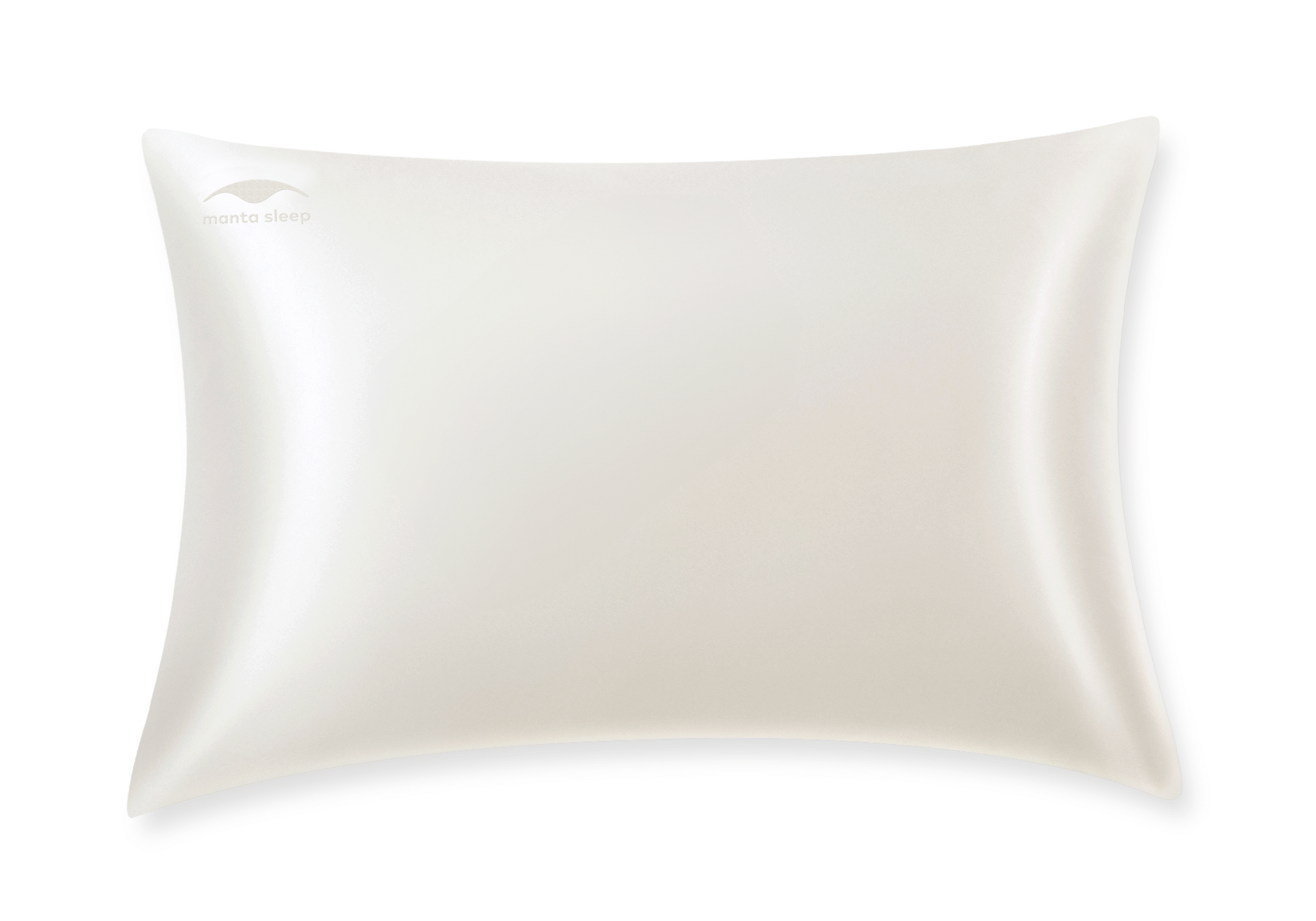 Studio shot of a single standard pearl white Manta Sleep silk pillowcase with a subtle Manta Sleep logo on the top left corner, isolated on white.