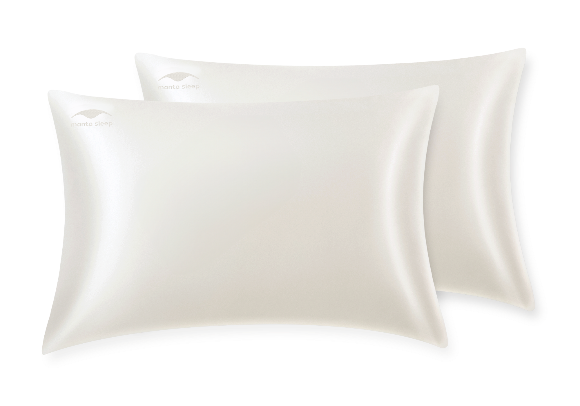 Two pearl white silk Manta Sleep pillowcases overlapping each other, isolated on a clean white background.