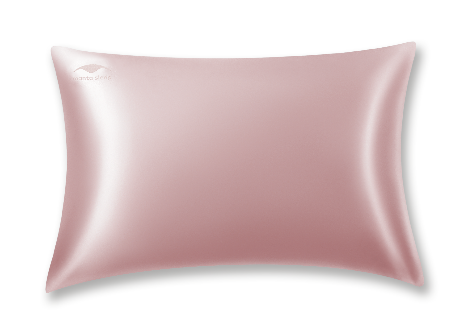 Studio shot of a single standard rose pink Manta Sleep silk pillowcase with a subtle Manta Sleep logo on the top left corner, isolated on white.