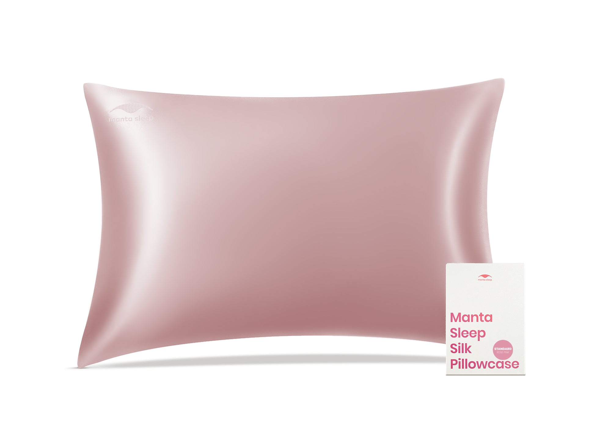 Front view of an inflated rose pink Manta Sleep silk pillowcase standing next to its rectangular product box.