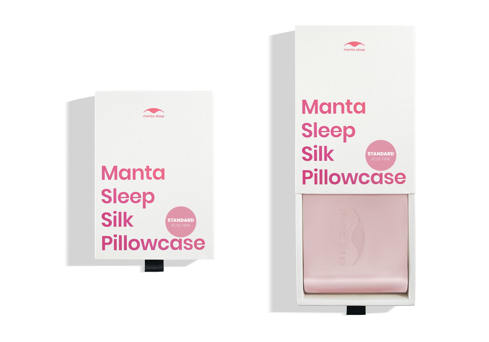 Two white product boxes for the standard rose pink Manta Sleep silk pillowcase, one closed and one pulled open.