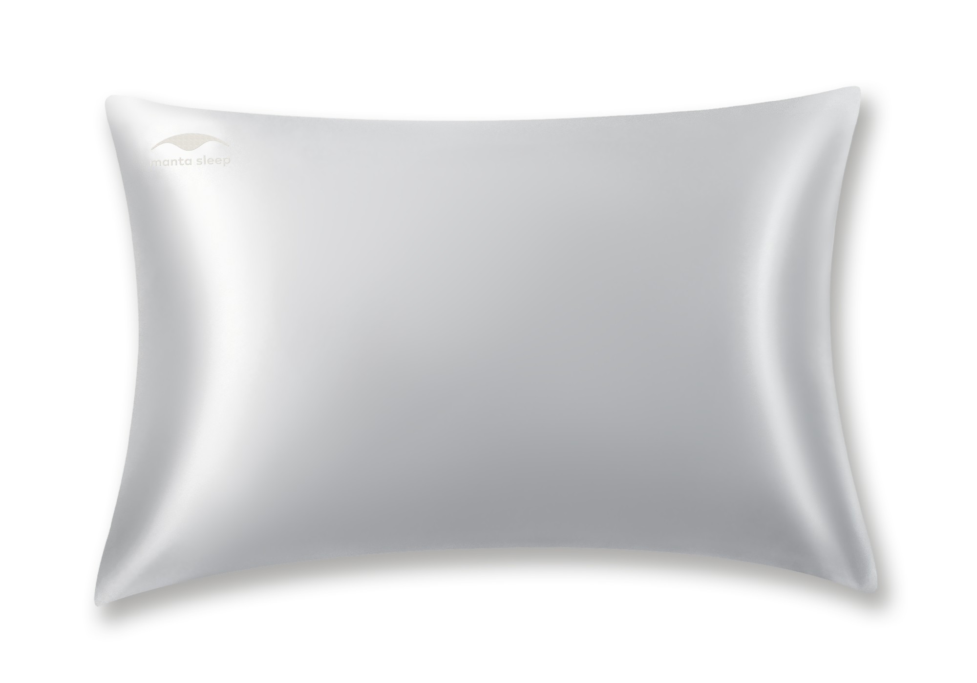 Studio shot of a single standard crystal silver Manta Sleep silk pillowcase with a subtle Manta Sleep logo on the top left corner, isolated on white.