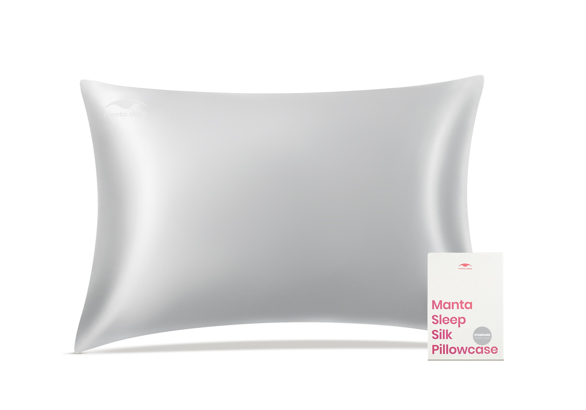 Front view of an inflated crystal silver Manta Sleep silk pillowcase standing next to its rectangular product box.