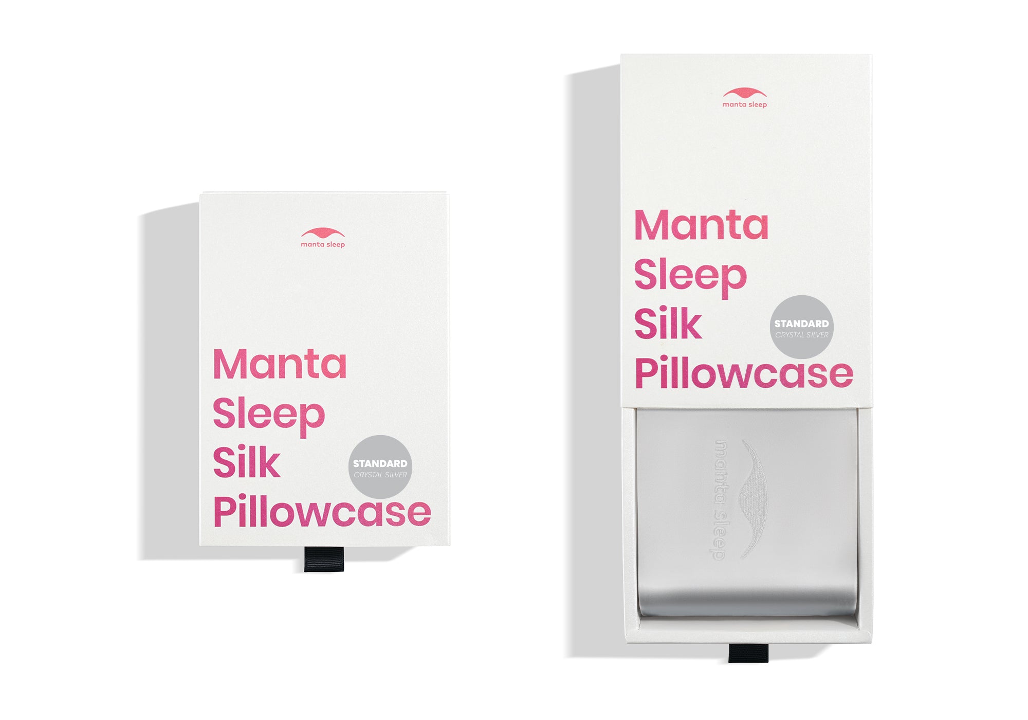 Two white product boxes for the standard crystal silver Manta Sleep silk pillowcase, one closed and one pulled open.