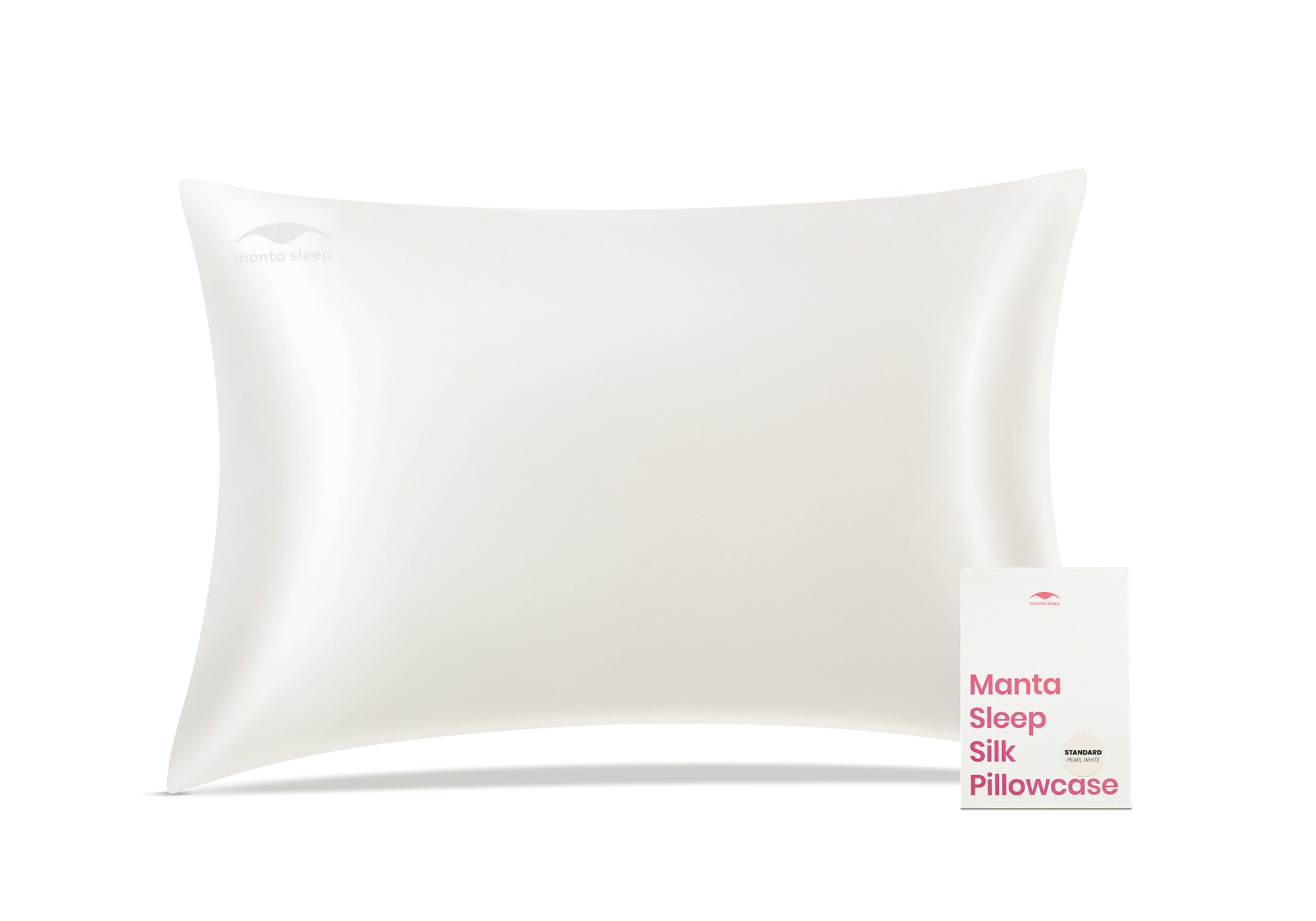 Front view of an inflated pearl white Manta Sleep silk pillowcase standing next to its rectangular product box.