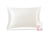 Front view of an inflated pearl white Manta Sleep silk pillowcase standing next to its rectangular product box.