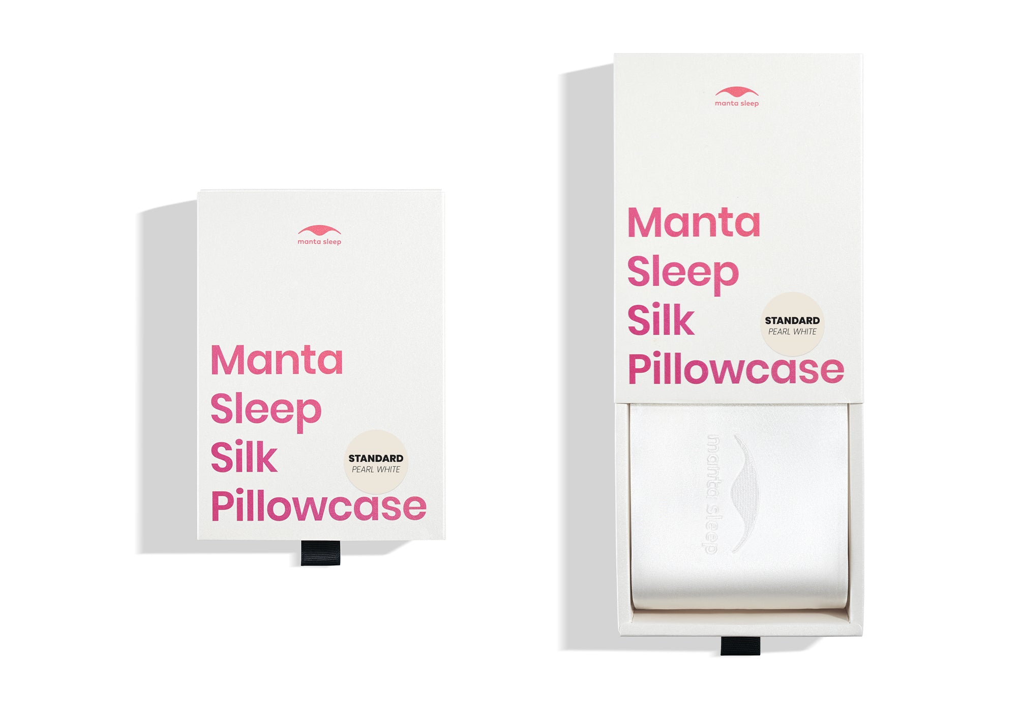 Two white product boxes for the standard pearl white Manta Sleep silk pillowcase, one closed and one pulled open.