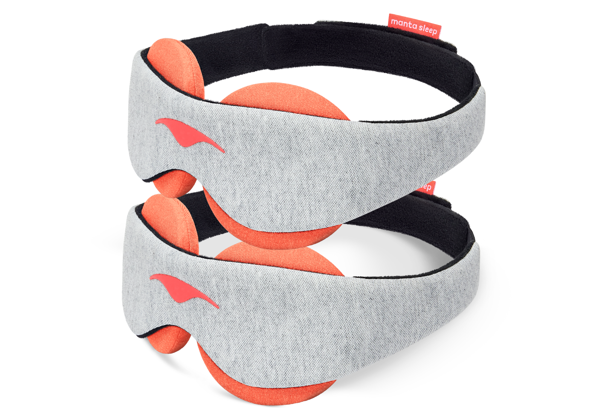 Two identical Manta STEAM Sleep Masks stacked vertically against a solid white background. Both masks feature a light gray heathered jersey knit front band accented by a coral-red Manta Sleep logo on the left side, with thick, circular terracotta-orange heat therapy eye cups visible extending beyond the band.