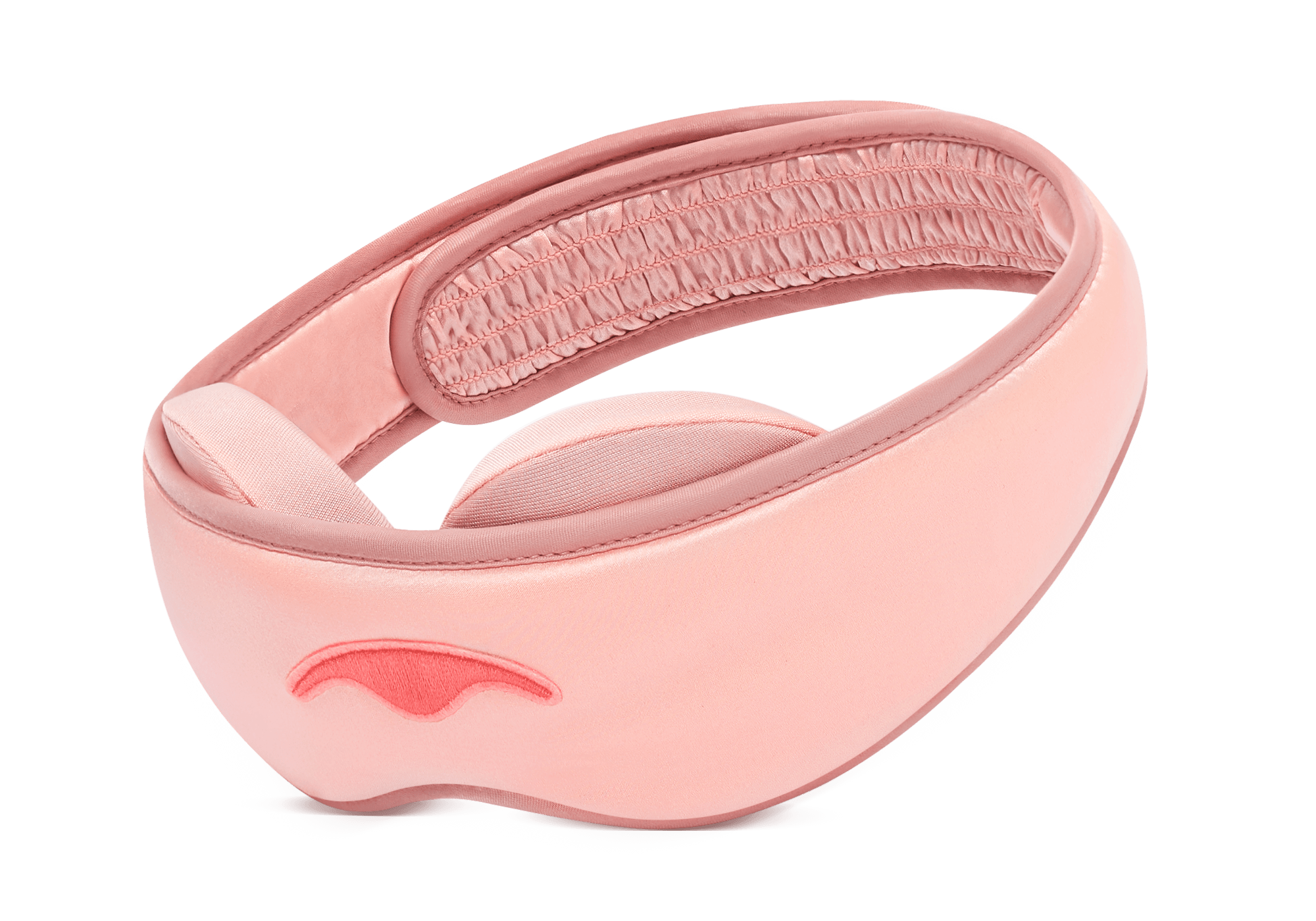 Three-quarter view of a Sunset Pink Manta SILK Sleep Mask on a white background, showcasing its smooth silk texture and contoured design.