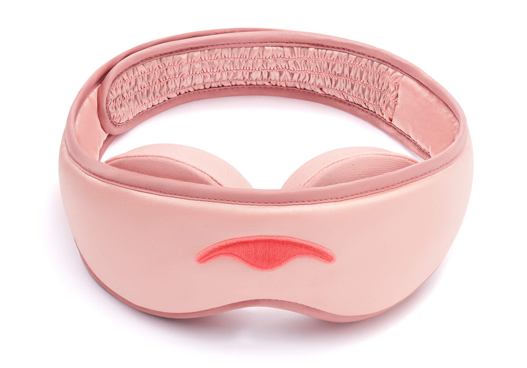 Front view of a pink Manta SILK Sleep Mask on a white background, featuring a stitched Manta Sleep logo on the front band.