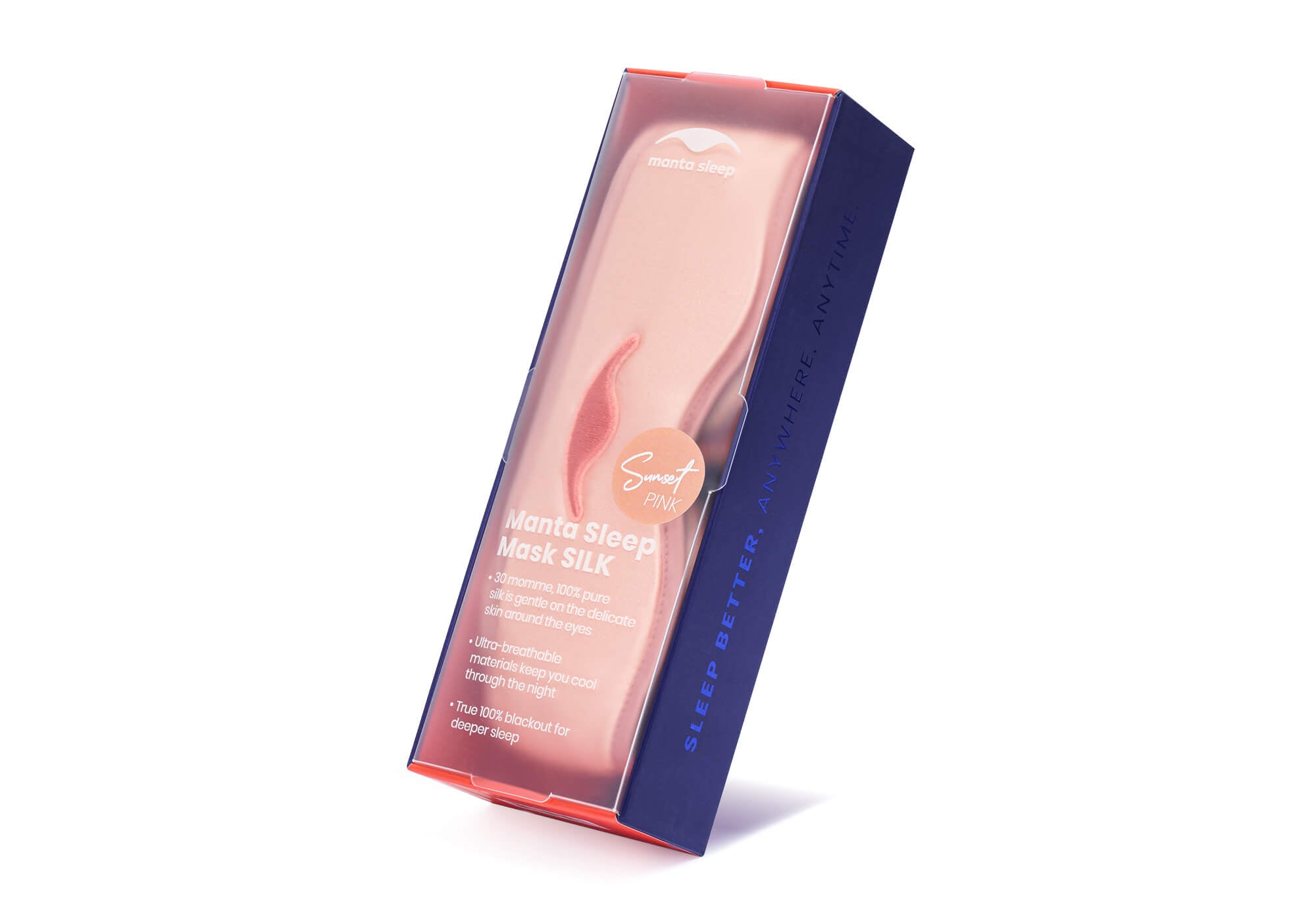 Sunset Pink Manta SILK Sleep Mask in its retail packaging against a white background, featuring product details and a blue side panel.