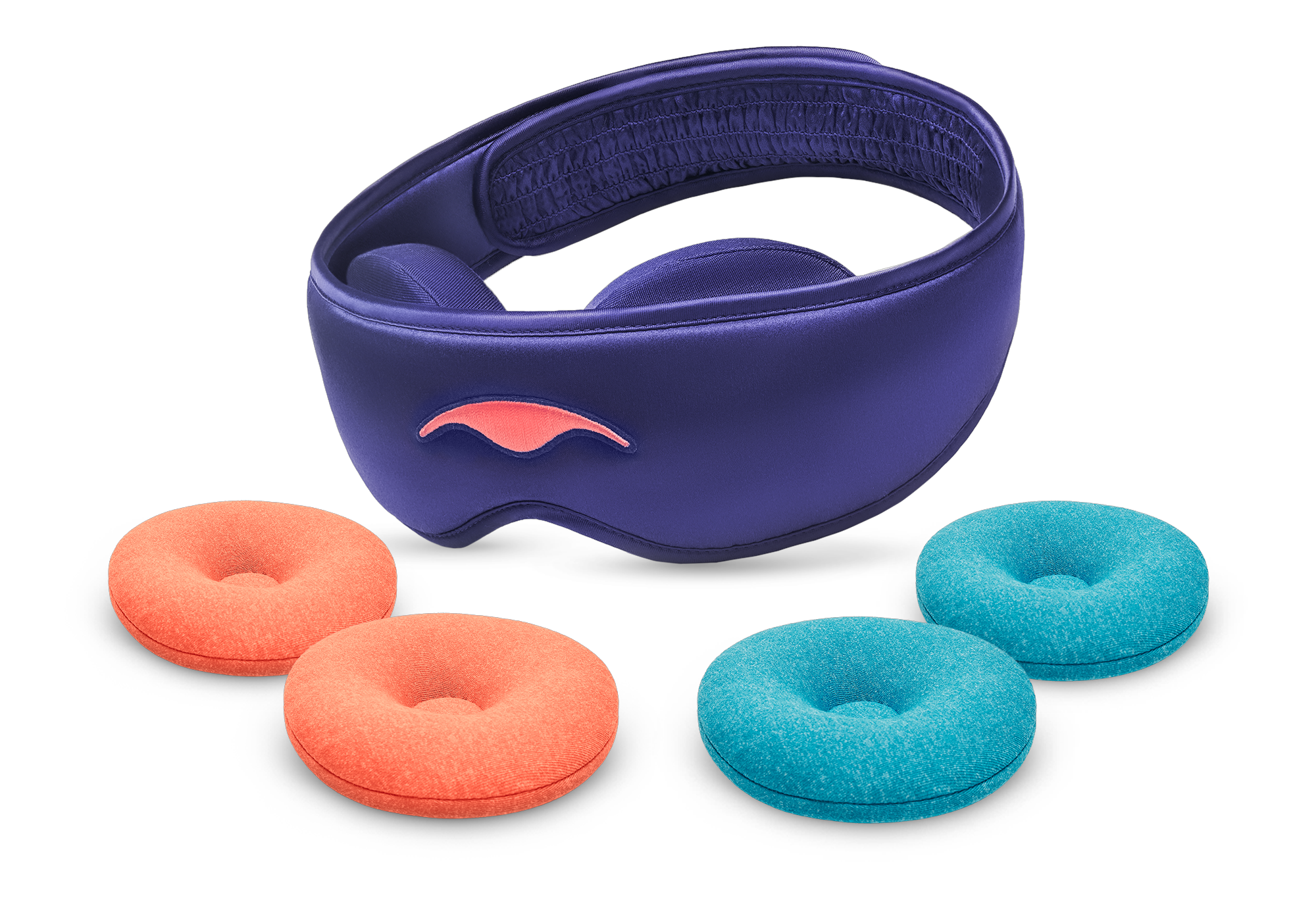 A purple Manta SILK Sleep Mask shown on a white background alongside two round orange STEAM eye cups and two round blue-teal COOL eye cups.