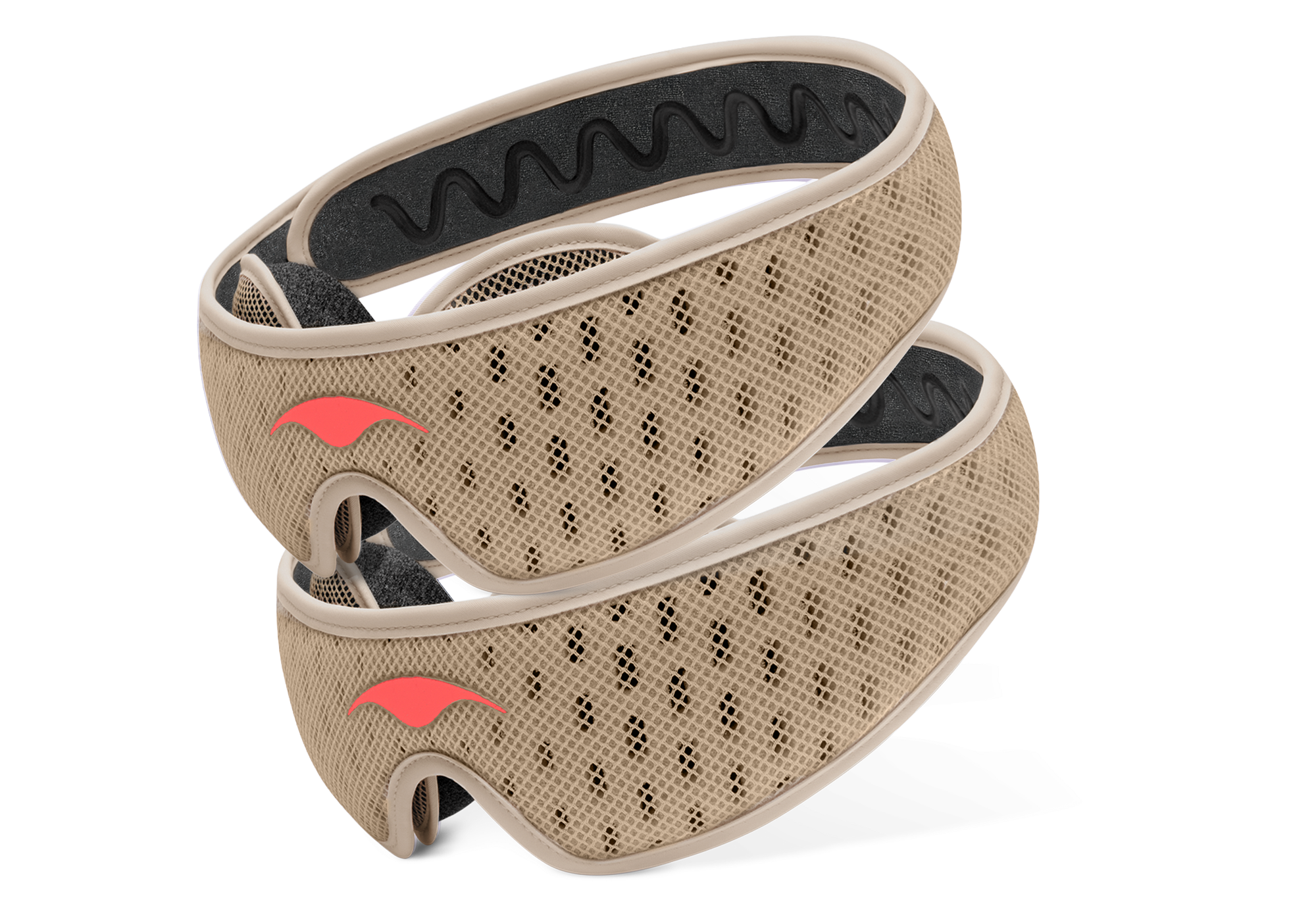 Three-quarter studio shot of two light brown Tranquil Taupe Manta PRO Sleep Masks with coral-red Manta Sleep logo on each.