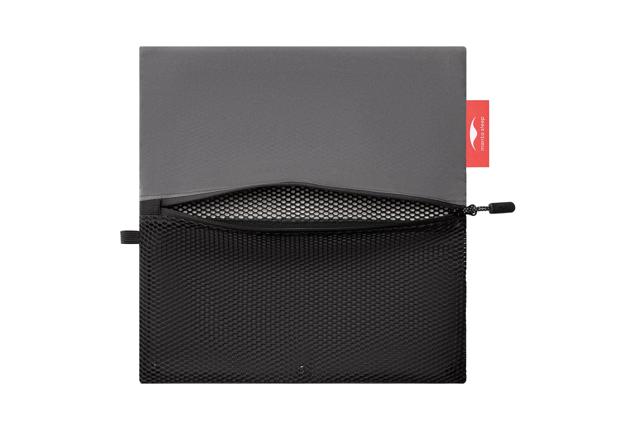 Top-down view of the unfolded, flat Manta Travel & Laundry Bag showing the upper solid grey section and the lower black mesh laundry compartment.