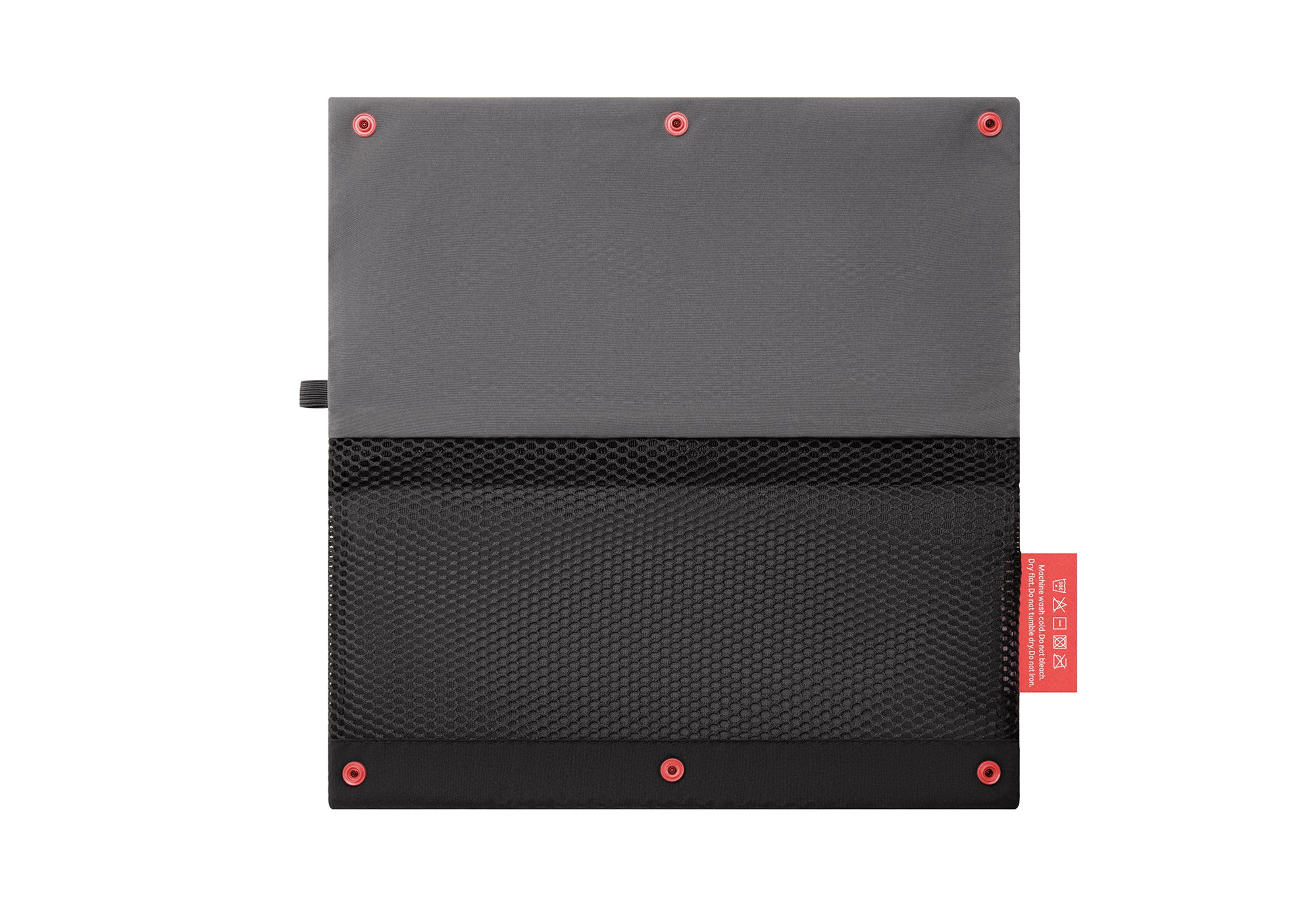 Back view of the completely unfolded, flat laundry bag highlighting three red metal snap buttons along the top and bottom edges.