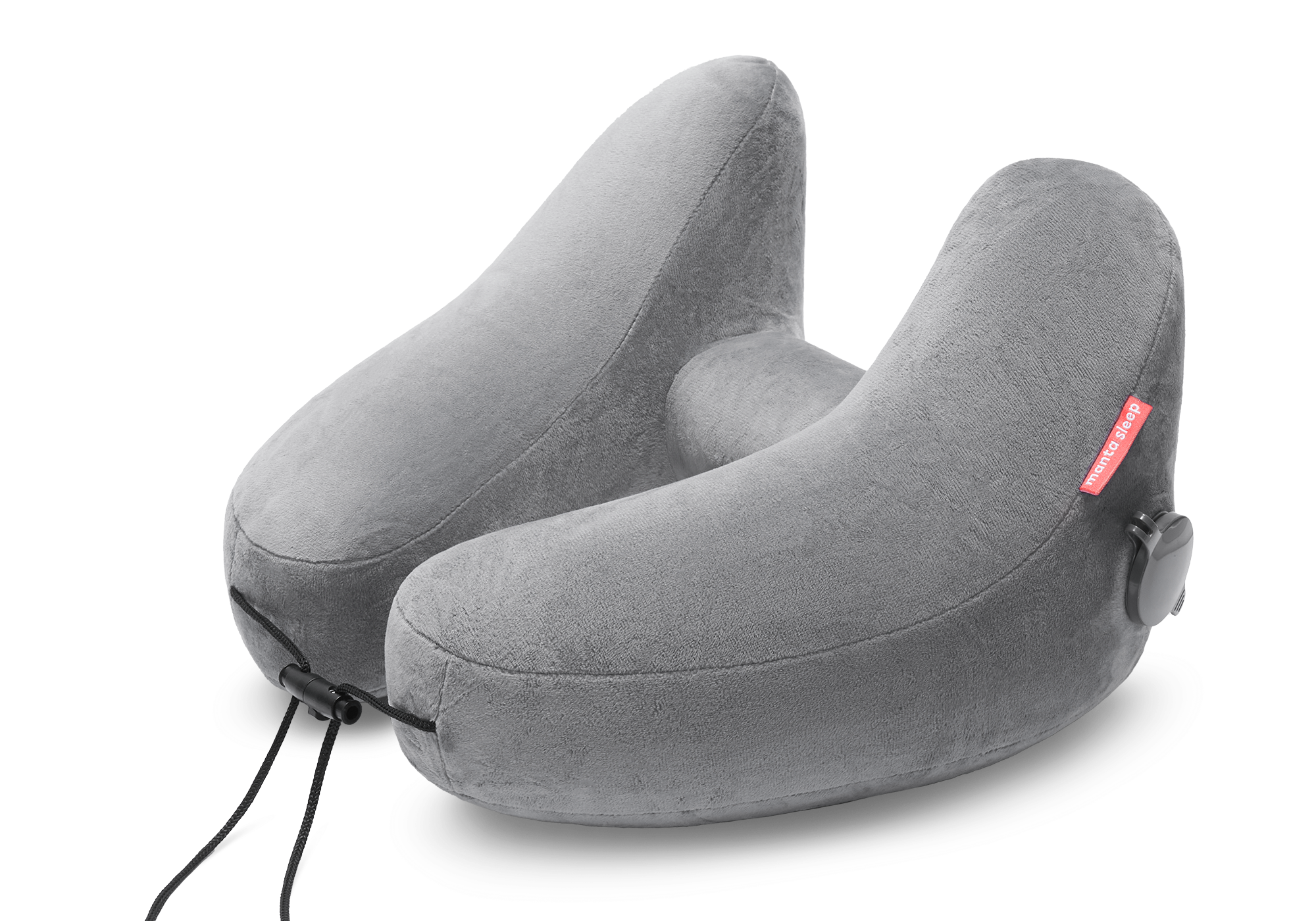 High-angle studio shot of an inflated grey plush Manta Travel Pillow with an adjustable front drawstring cord.