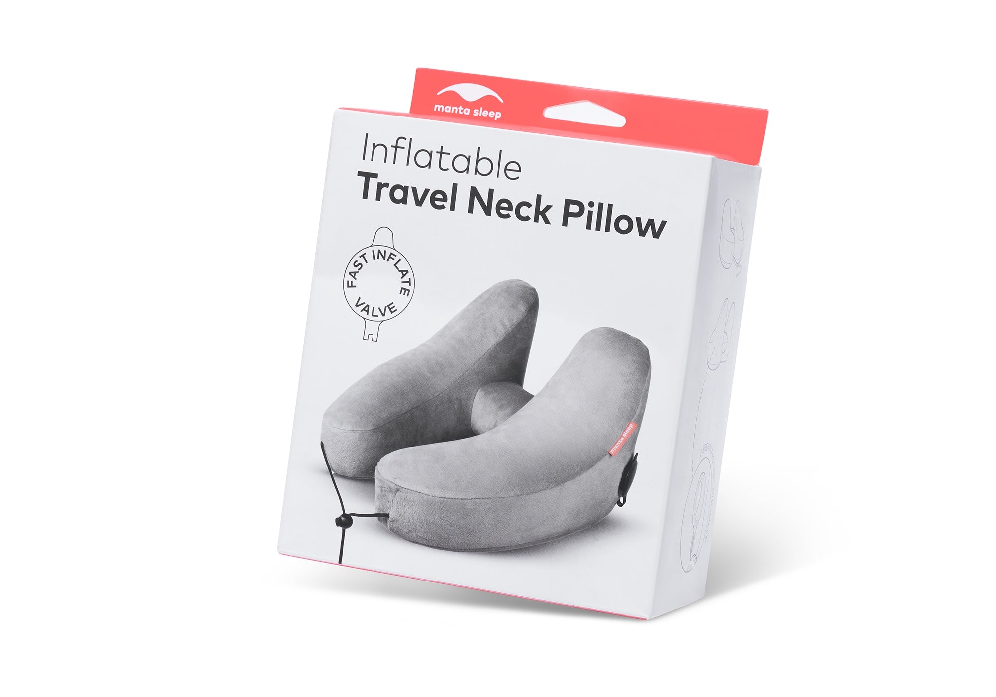 White product packaging for the Manta Inflatable Travel Neck Pillow with a red top tab, isolated on a white background.