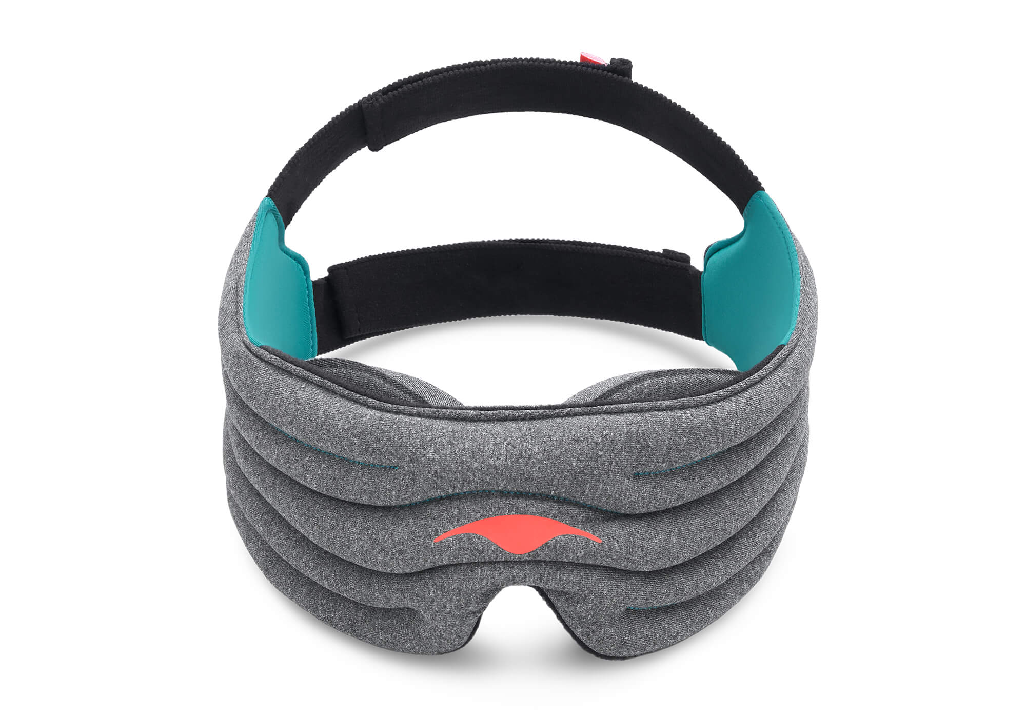 A front-facing product view of the dark heather-gray Manta WEIGHTED Sleep Mask against a white background. The image highlights the segmented, quilted rows of the cushioned forehead band, featuring a bright coral-red Manta Sleep logo centered above the nose cutout. The inner side panels show a pop of vibrant teal fabric, and the wide black head strap loops around the top.