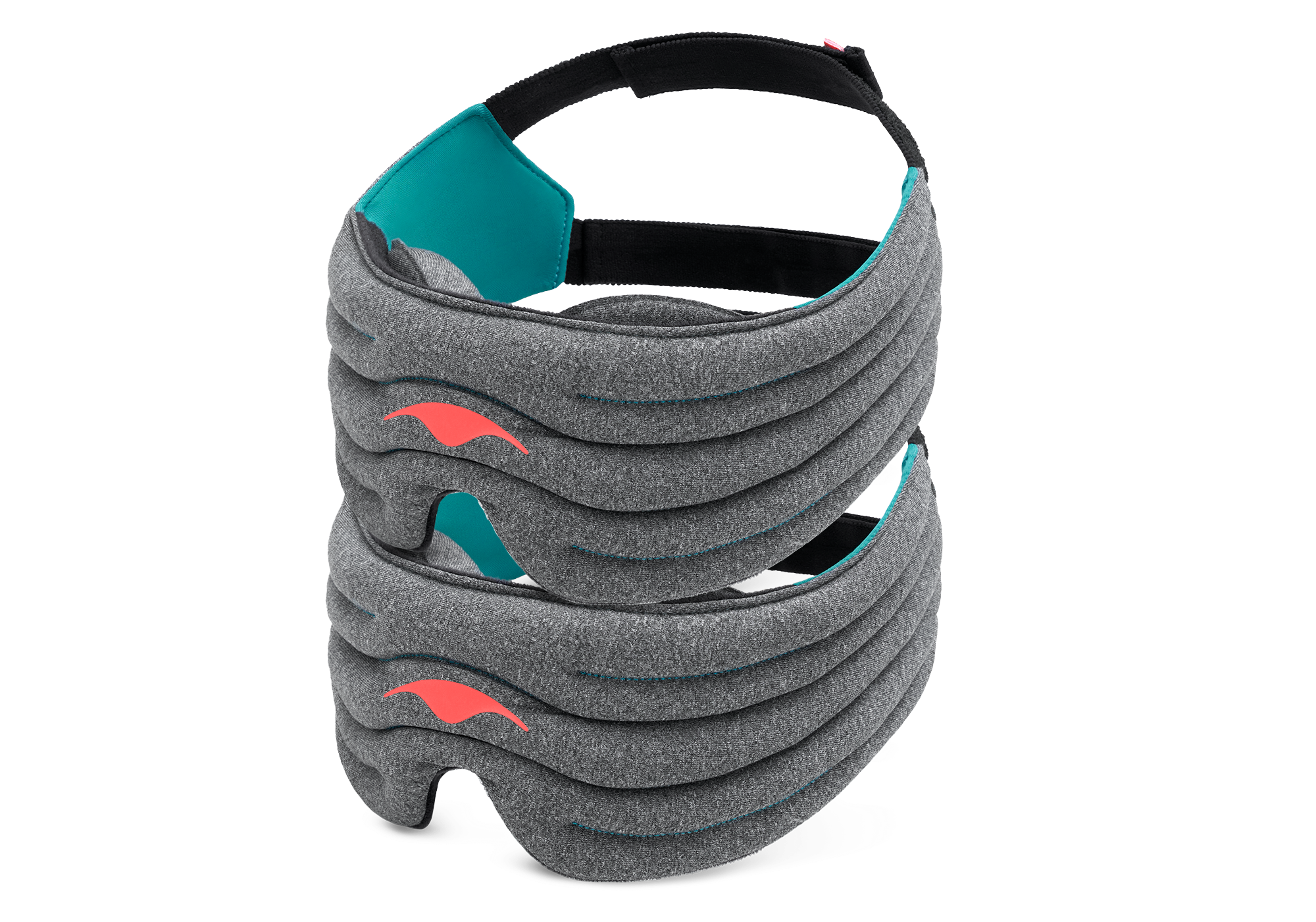 A product shot of two dark heather-gray Manta WEIGHTED Sleep Masks angled against a plain white background, stacked one onto another. The mask has a segmented, thickly padded front body with a vibrant coral-red Manta ray emblem on the left. The inner lining features a bright teal fabric section on the side panel, transitioning into a wide, adjustable black head strap.