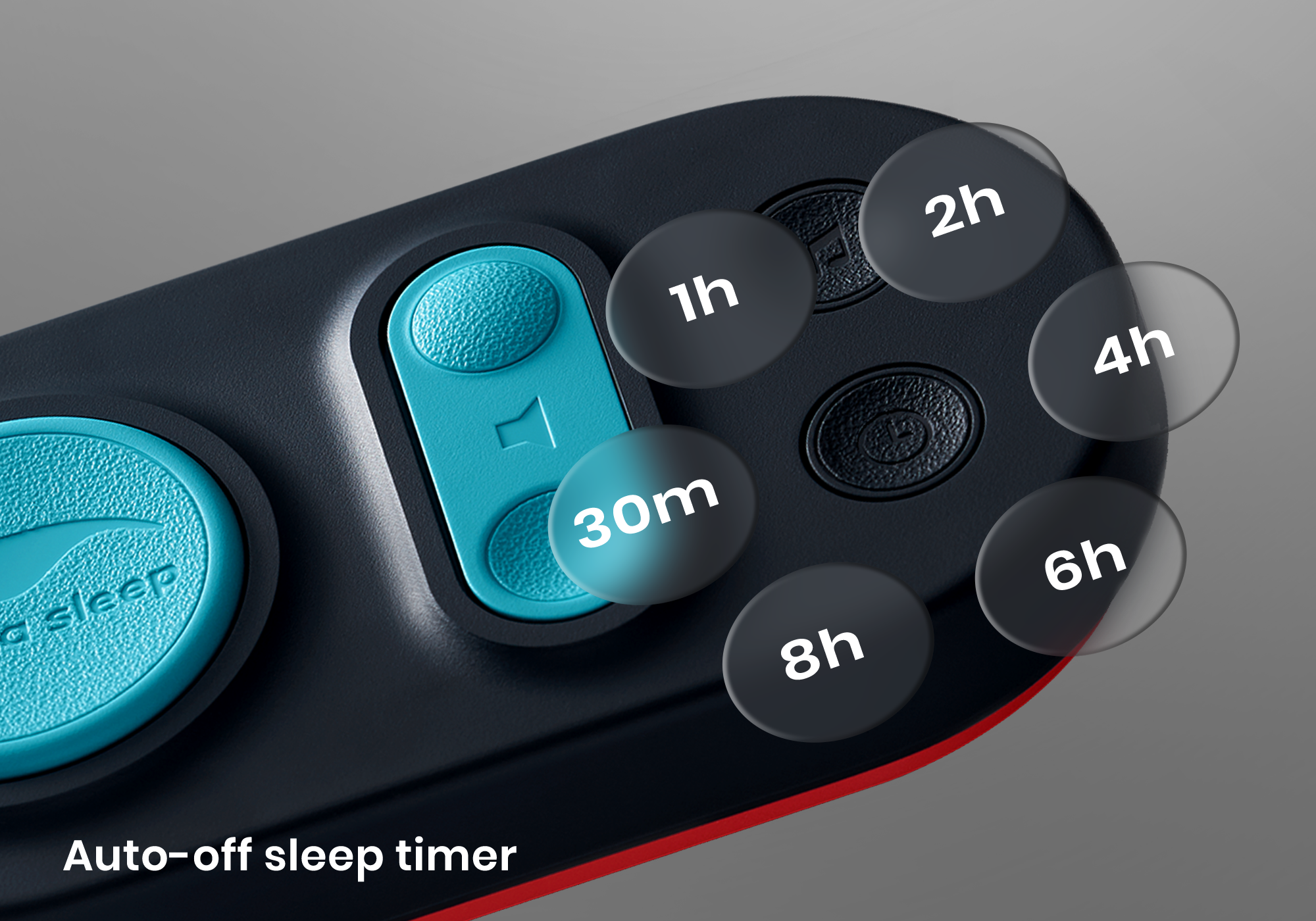Close-up of the control pad overlaid with six translucent bubbles showing timer options from 30m to 8h, captioned "Auto-off sleep timer".