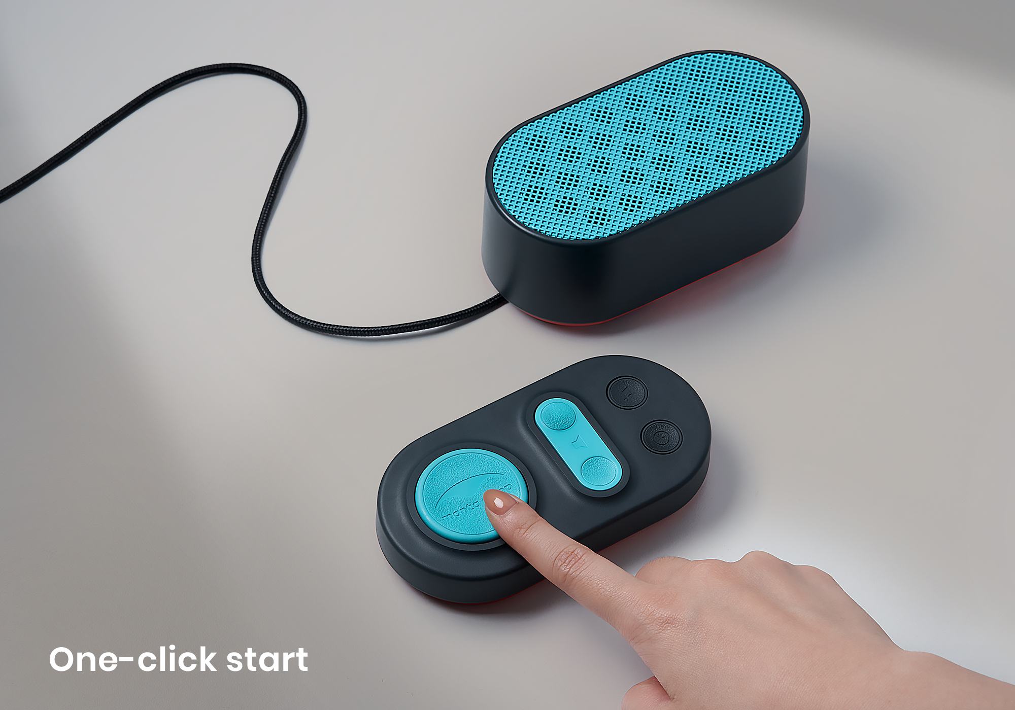 A hand presses the large teal button on a remote control pad next to black oval speaker on a gray surface, with text "One-click start".