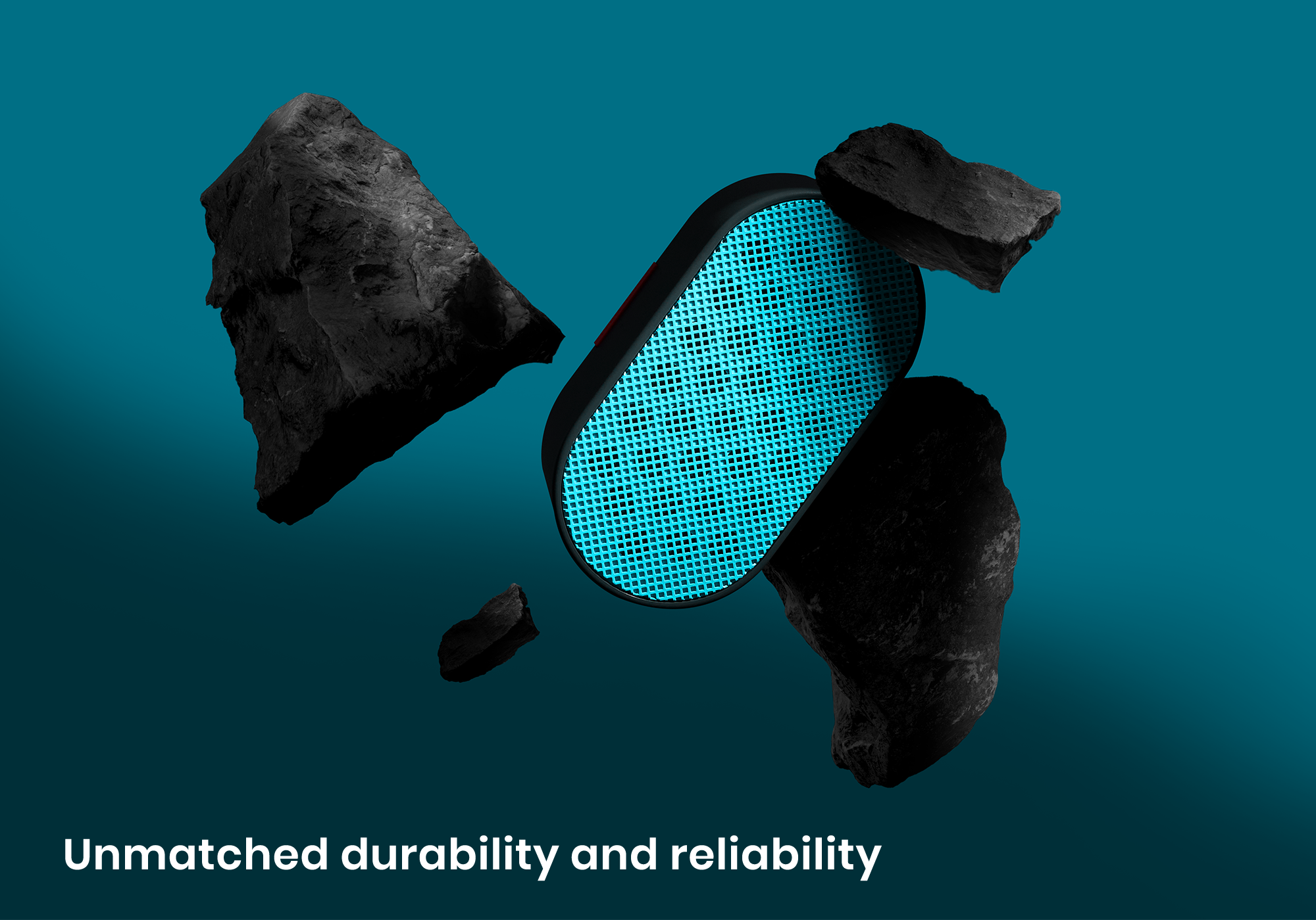 A Manta Sleep Booster Speaker floating amid shattered dark rocks against a deep teal background, captioned "Unmatched durability and reliability".