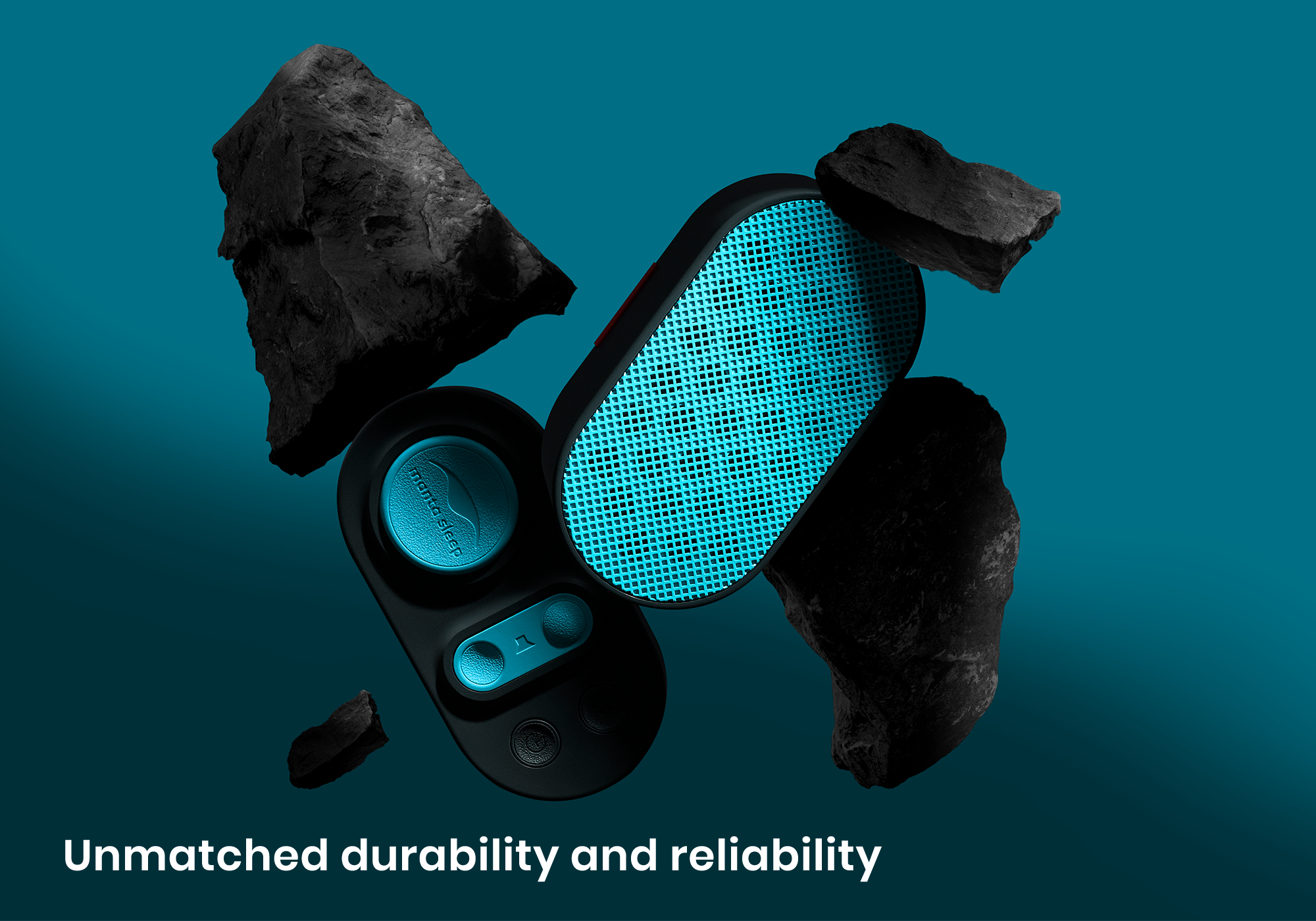 A Manta Sleep White Noise Machine floating amid shattered dark rocks against a deep teal background, captioned "Unmatched durability and reliability".