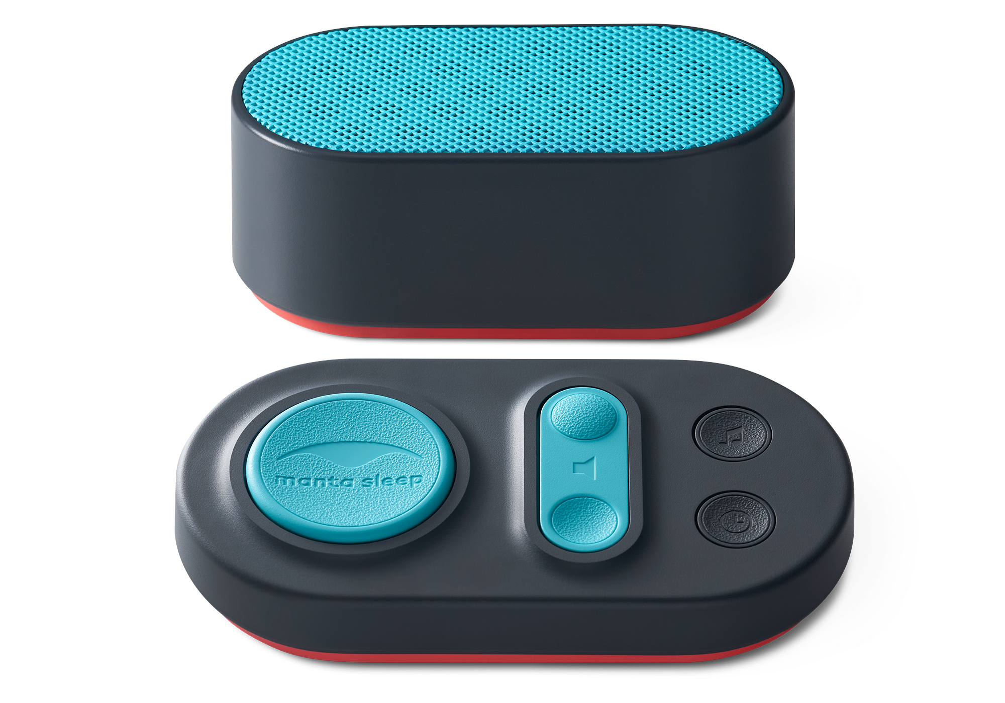 Front view of the oval Manta Sleep white noise speaker with a teal mesh top, paired with its matching teal-buttoned control pad.