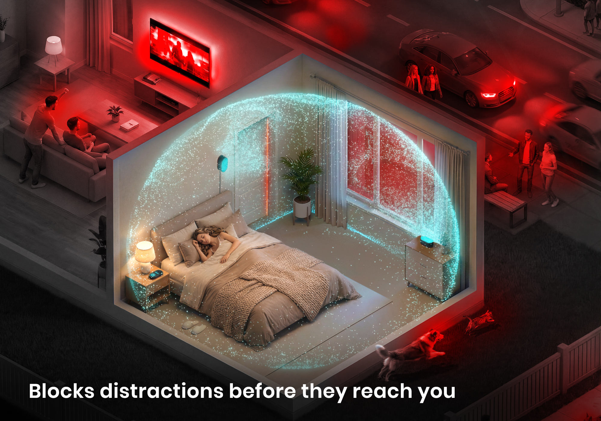 Diagram of a bedroom enclosed in a glowing blue sound barrier shield that blocks external neighborhood noises, with text "Blocks distractions before they reach you".