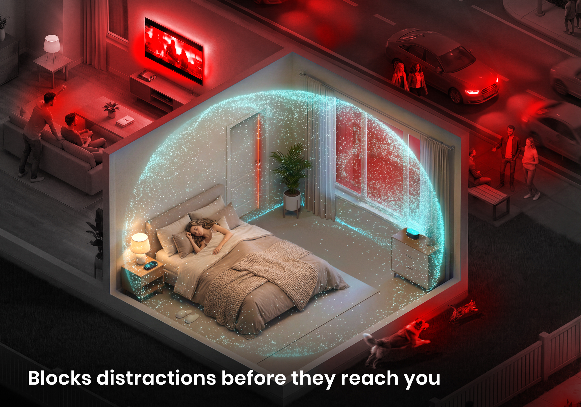 3D architectural cutout showing a teal shield dome over a bedroom, blocking out red-tinted street and living room noise distractions.