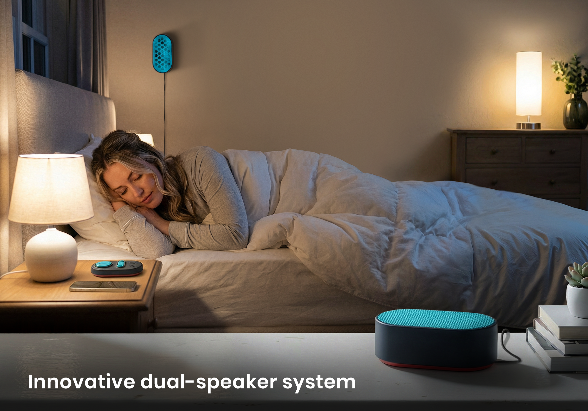 A woman sleeps in a cozy bedroom with a dual-speaker system mounted on the wall and placed on a dresser, with text "Innovative dual-speaker system".