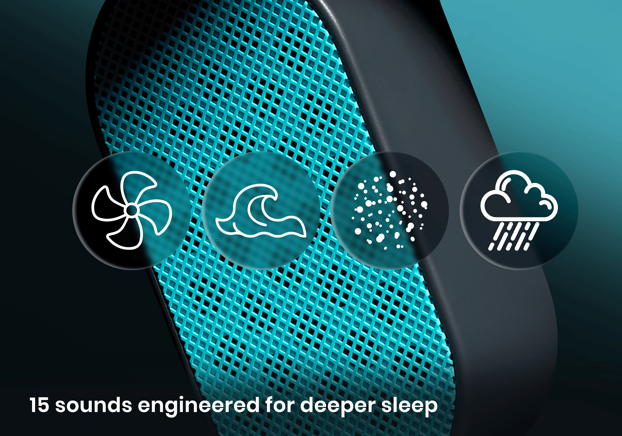 Close-up of a teal speaker grille overlaid with four circular icons representing fan, wave, white noise, and rain sounds.