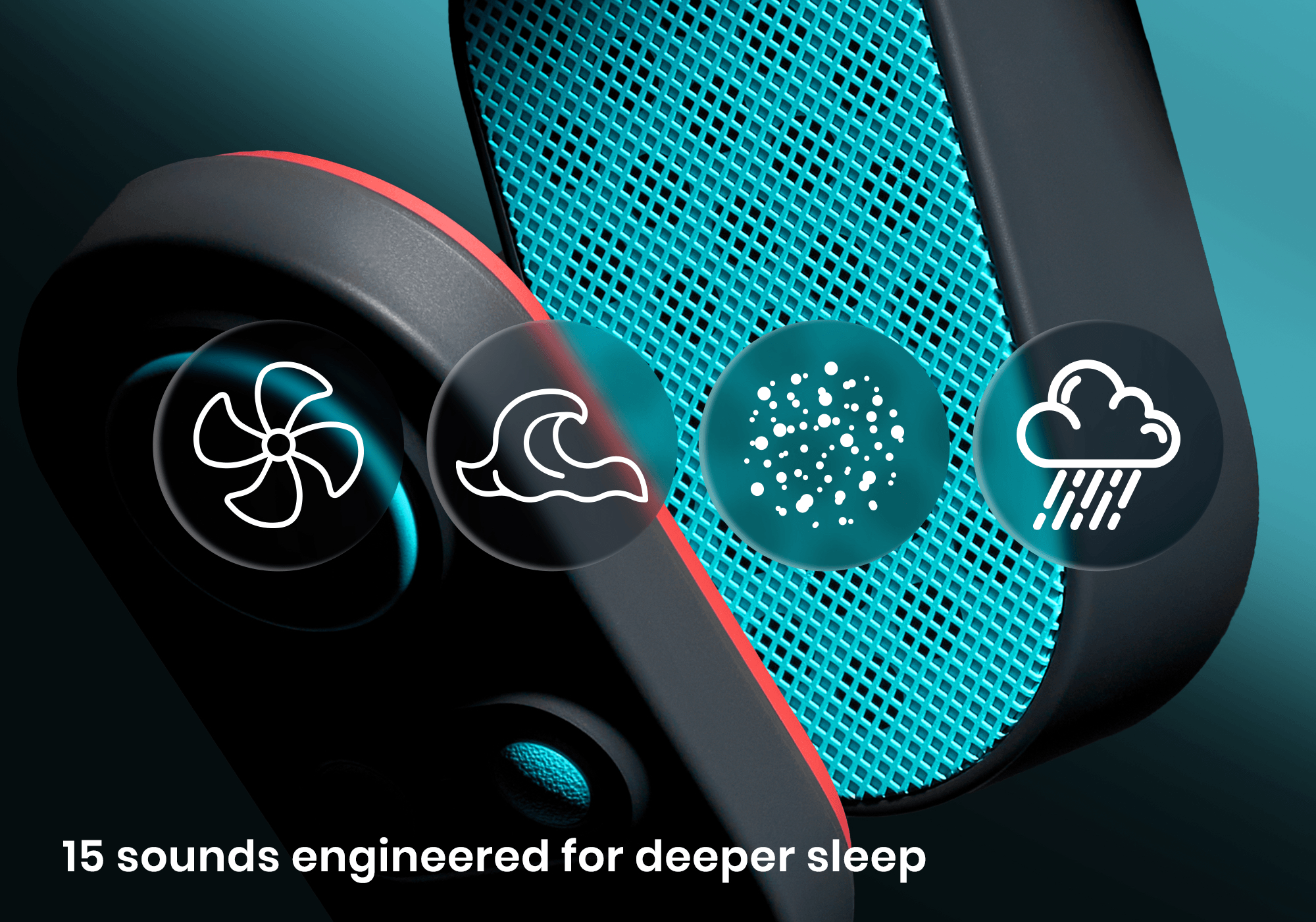 Close-up of the Manta Sleep speaker and control pad with four overlay icons representing fan, ocean wave, white noise, and rain sound profiles.