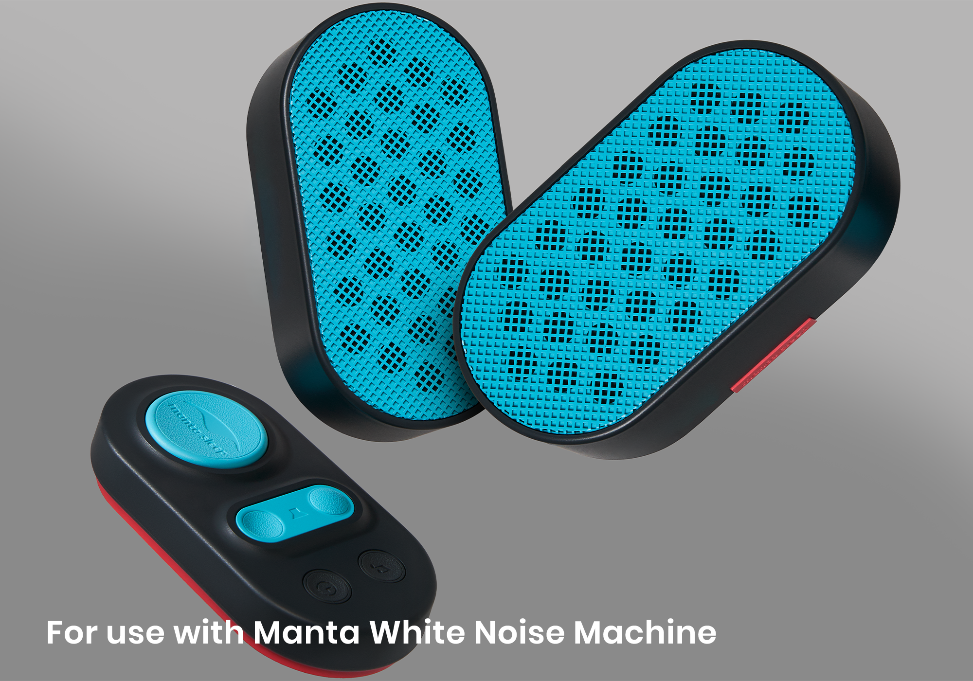 Two oval black speakers with teal grilles and a matching remote control pad floating on a gray background, captioned "For use with Manta White Noise Machine".