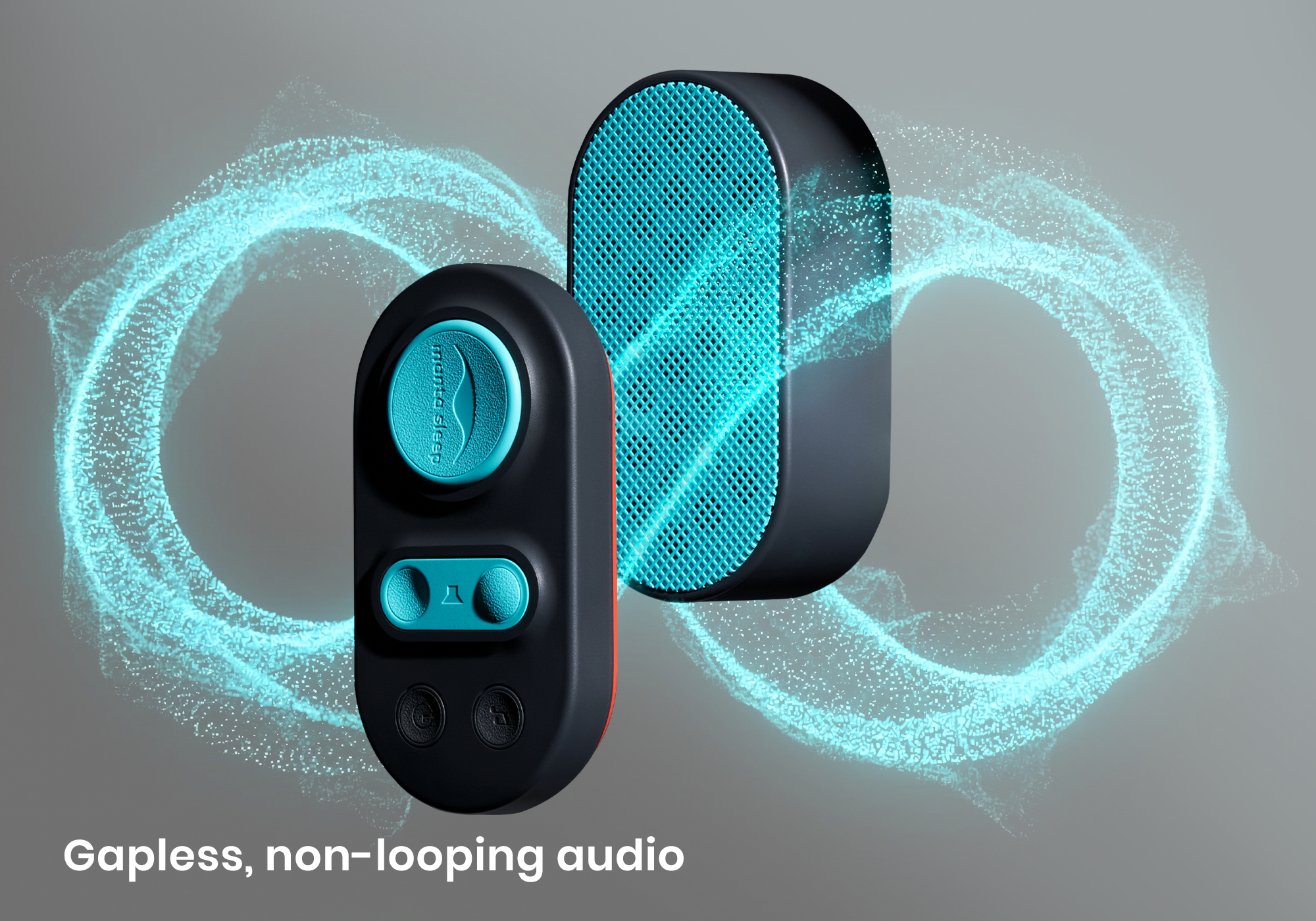 The teal and black Manta Sleep speaker and control pad positioned inside a glowing teal infinity loop graphic on a gray background, with text "Gapless, non-looping audio".